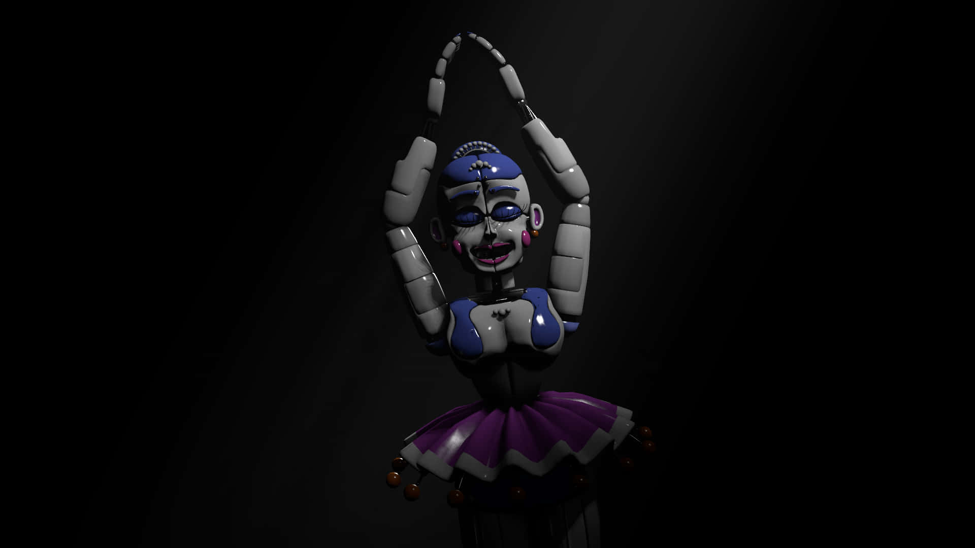 Ballora 桌布 壁紙 — 一個帶有紫色芭蕾舞裙和藍色臉部彩繪的威脅性電子芭蕾舞者在黑暗中舉起雙臂，站在戲劇性的聚光燈下。