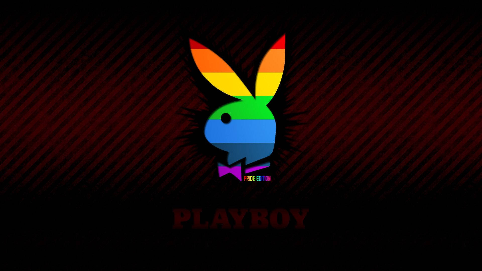 Playboy Aesthetic 桌布 壁紙 — 一個帶有紫色蝴蝶結的彩虹色Playboy兔子標誌，在深紅色斜紋背景上格外突出。