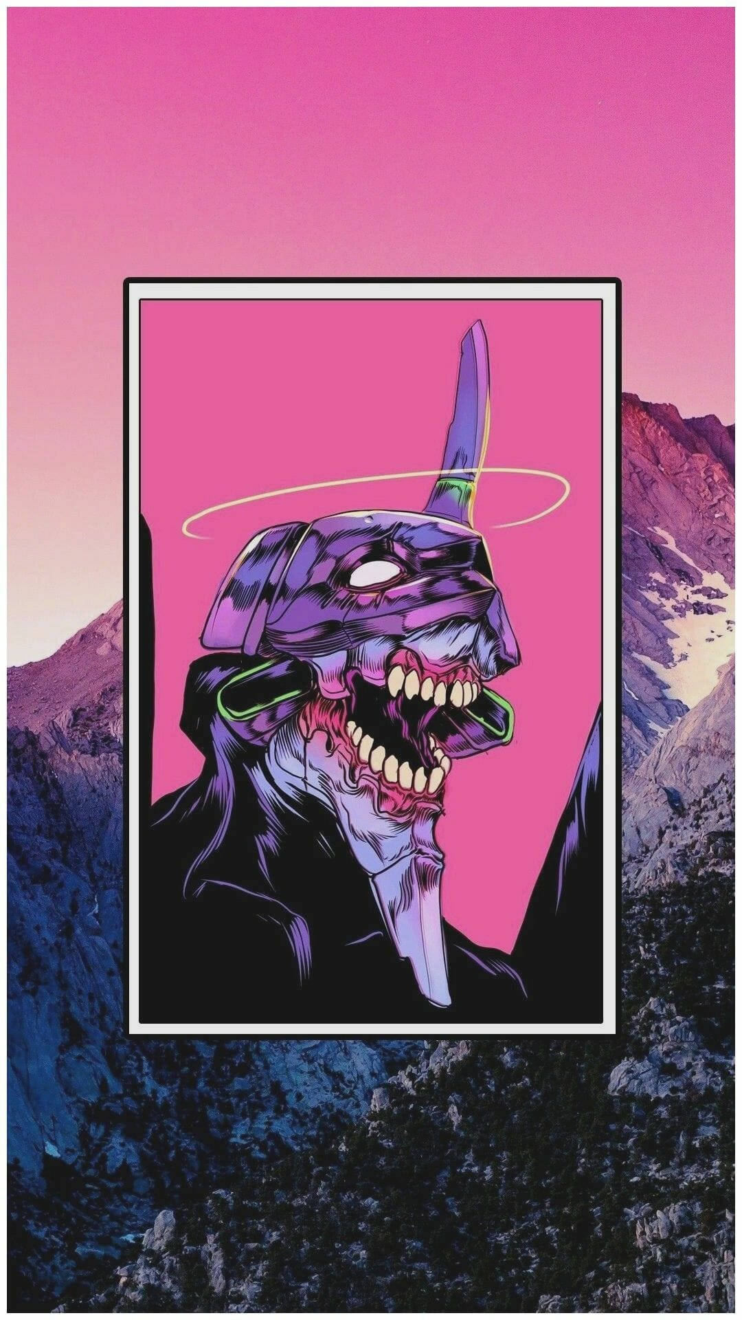 Monster 桌布 壁紙 — 一個帶有紫色角和發光眼睛的動漫風格惡魔形象，在粉紅色日落山脈背景下凝視。