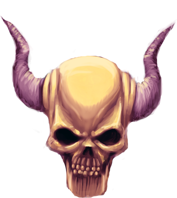 惡魔動圖 桌布 壁紙 — 一個帶有紫色角的金色骷髏頭，在純黑背景上發出威脅性的光芒。