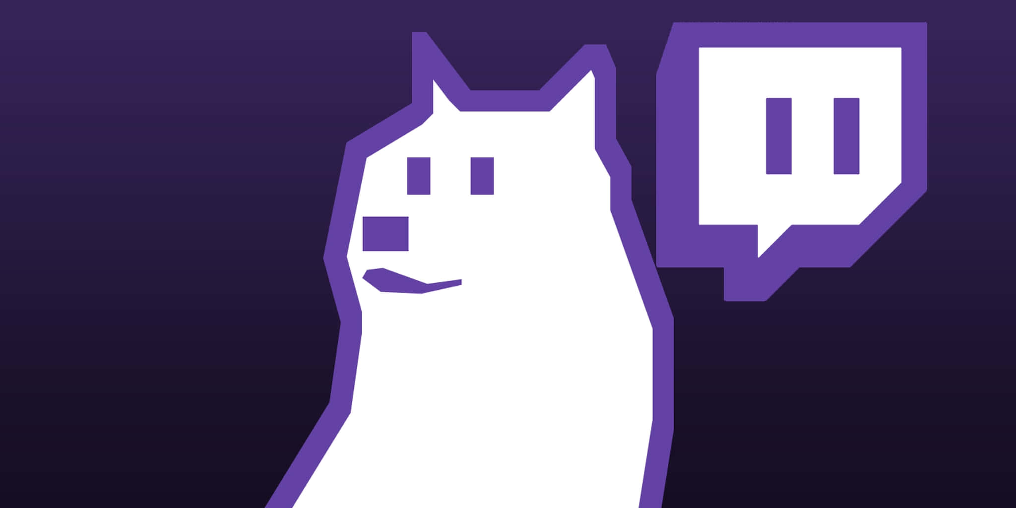 Twitch 桌布 壁紙 — 一個帶有紫色輪廓的簡約白色 Doge 吉祥物，站在深色漸變背景上的紫色 Twitch 標誌旁邊。
