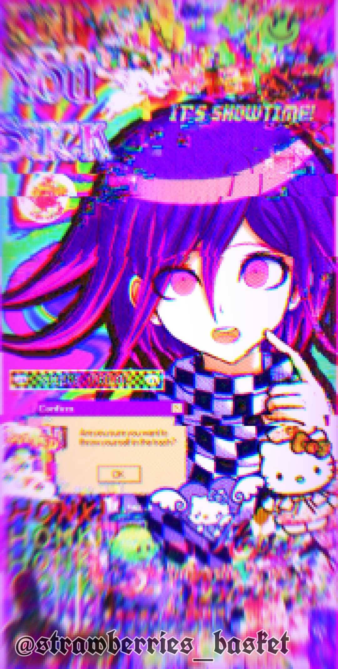 動漫女孩 桌布 壁紙 — 一個帶有紫色頭髮和格紋圍巾的故障動畫女孩，在混亂的霓虹背景前抱著Hello Kitty絨毛玩具。