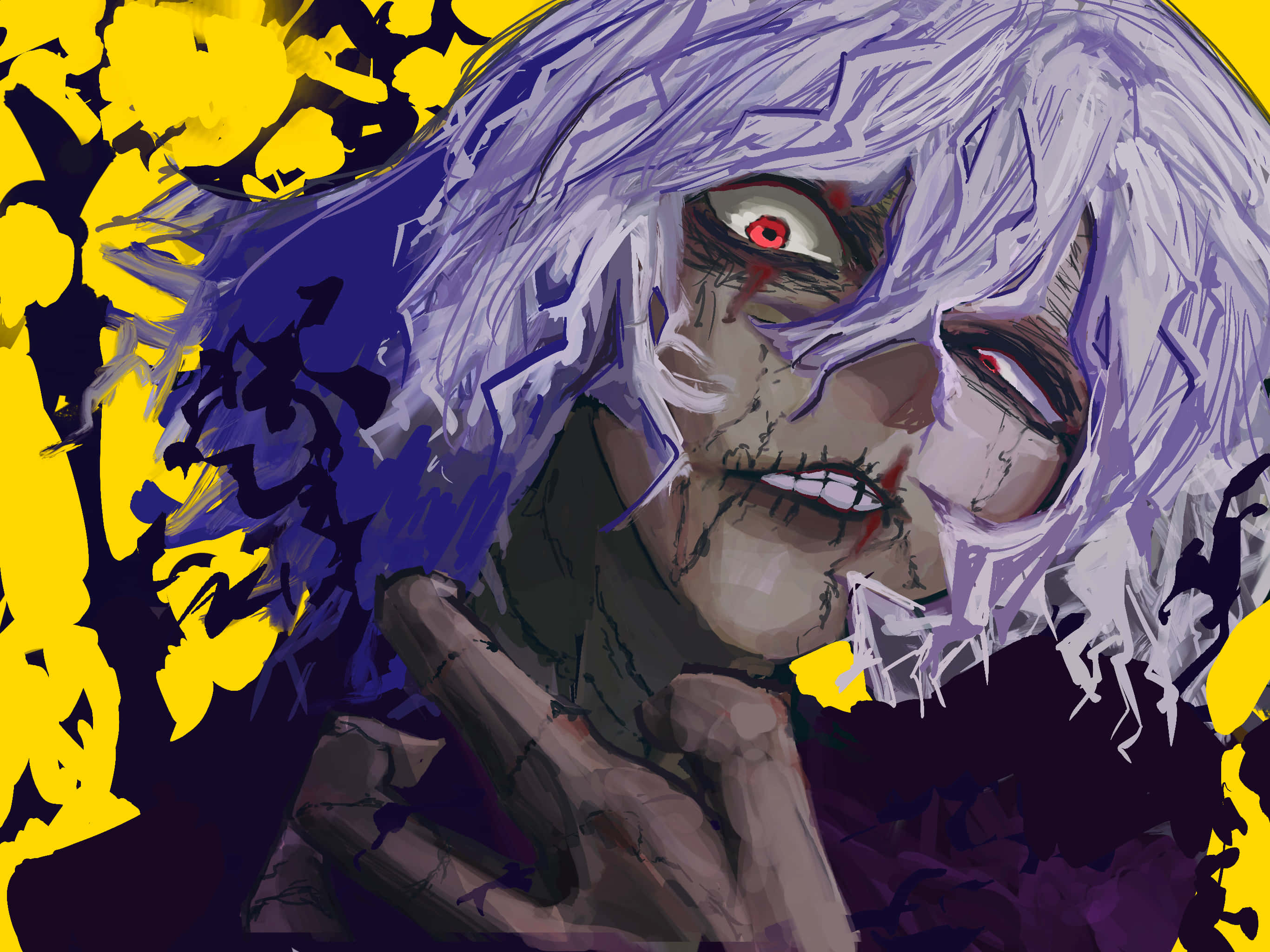 Tomura Shigaraki 桌布 壁紙 — 一個帶有紫色頭髮和紅色眼睛的威脅性動漫角色，在鮮黃色和黑暗背景前強烈凝視。