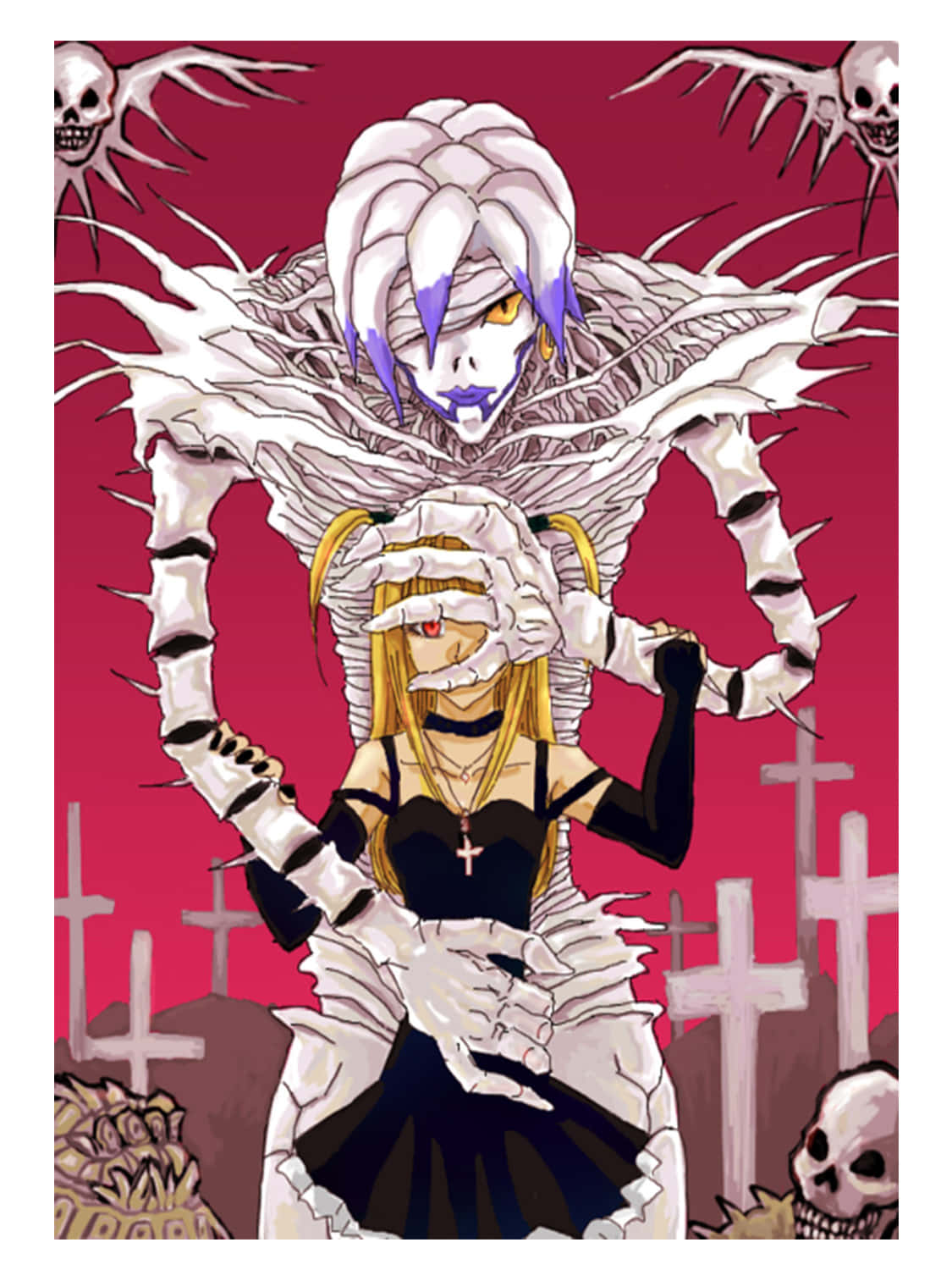 Death Note Rem 桌布 壁紙 — 一個帶有紫色點綴的骷髏動漫人物，在血紅色的天空下，在墓地中籠罩著一個金髮女孩。