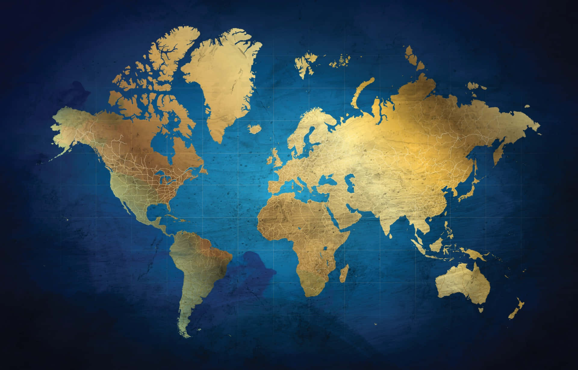 World 桌布 壁紙 — 一個帶有細微網格線的紋理金色世界地圖，置於深藍色背景上，並帶有復古頹廢效果。