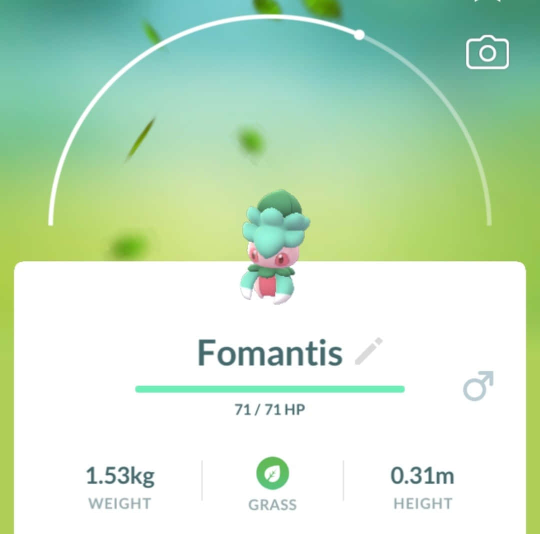 寶可夢 桌布 壁紙 — 一個帶有統計數據和柔和綠色漸變背景的Fomantis寶可夢卡片介面。
