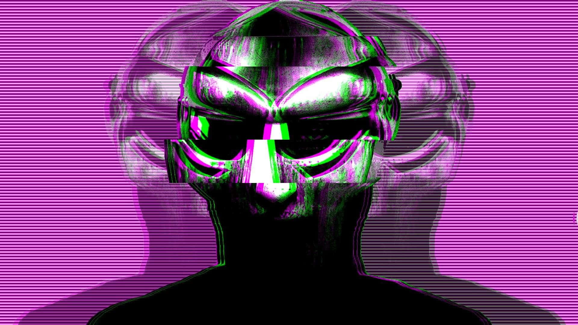 1920x1080 Doom 桌布 壁紙 — 一個帶有綠色和紫色扭曲的故障數位肖像，背景為條紋洋紅色。