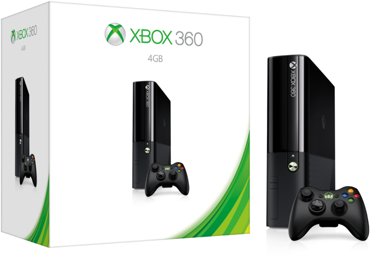 Xbox 桌布 壁紙 — 一個帶有綠色曲線的白色Xbox 360 4GB主機盒，旁邊是實際的黑色主機和控制器，背景為黑色。