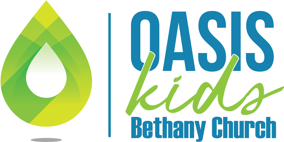 綠洲 桌布 壁紙 — 一個帶有綠色水滴圖示和藍色及綠色字體 'OASIS kids Bethany Church' 文字的標誌。
