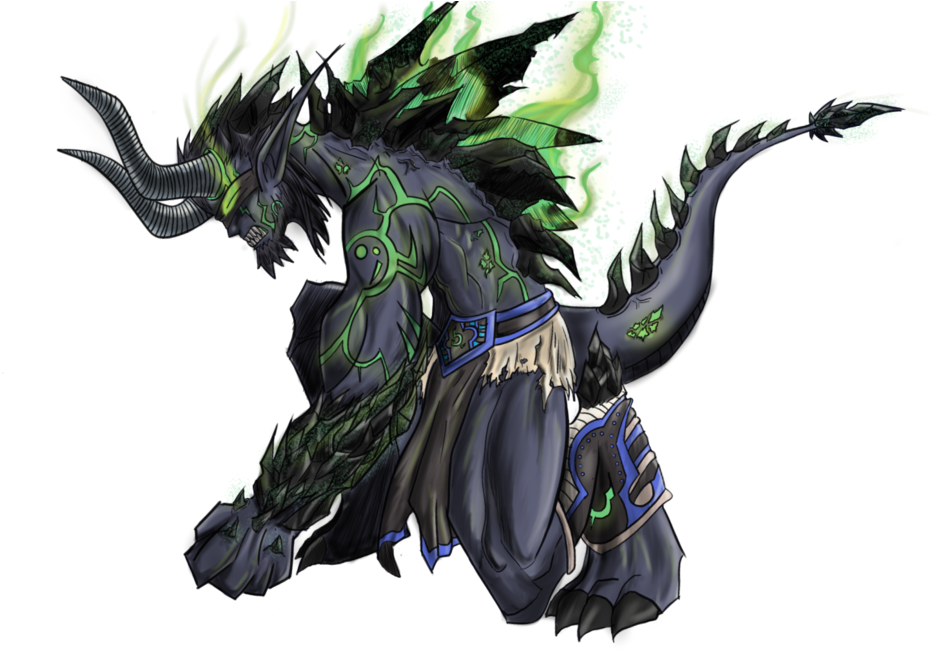 惡魔動圖 桌布 壁紙 — 一個帶有綠色發光標記和角的黑暗奇幻生物，以動態姿勢站在黑色背景前。
