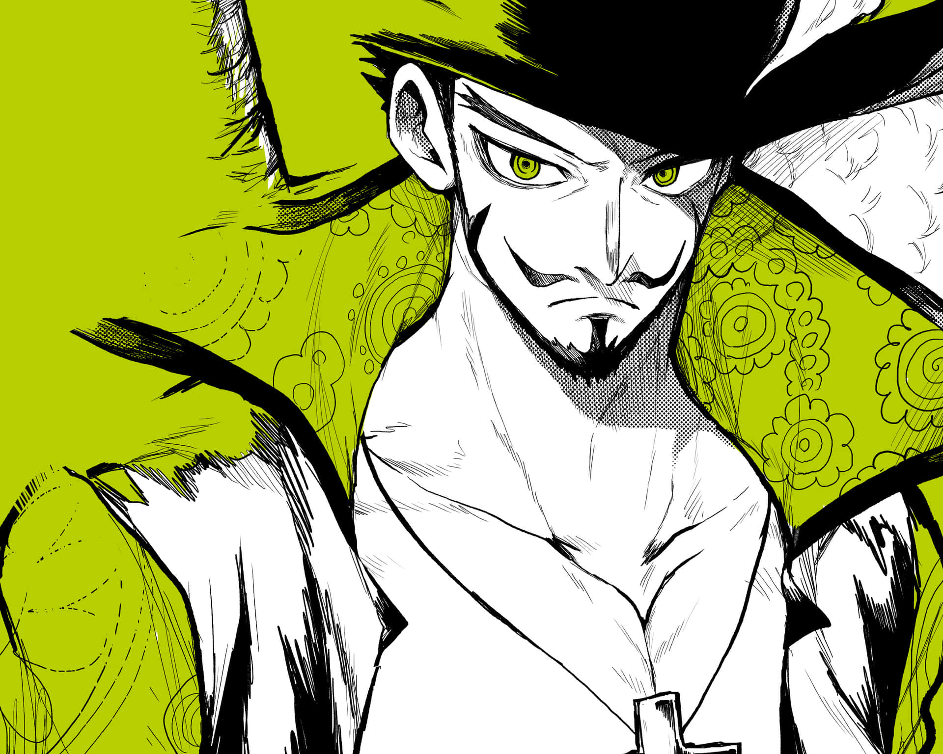 Dracule Mihawk 桌布 壁紙 — 一個帶有綠色眼睛和黑色帽子的威脅性動漫男子，在充滿活力的萊姆綠背景上強烈凝視。