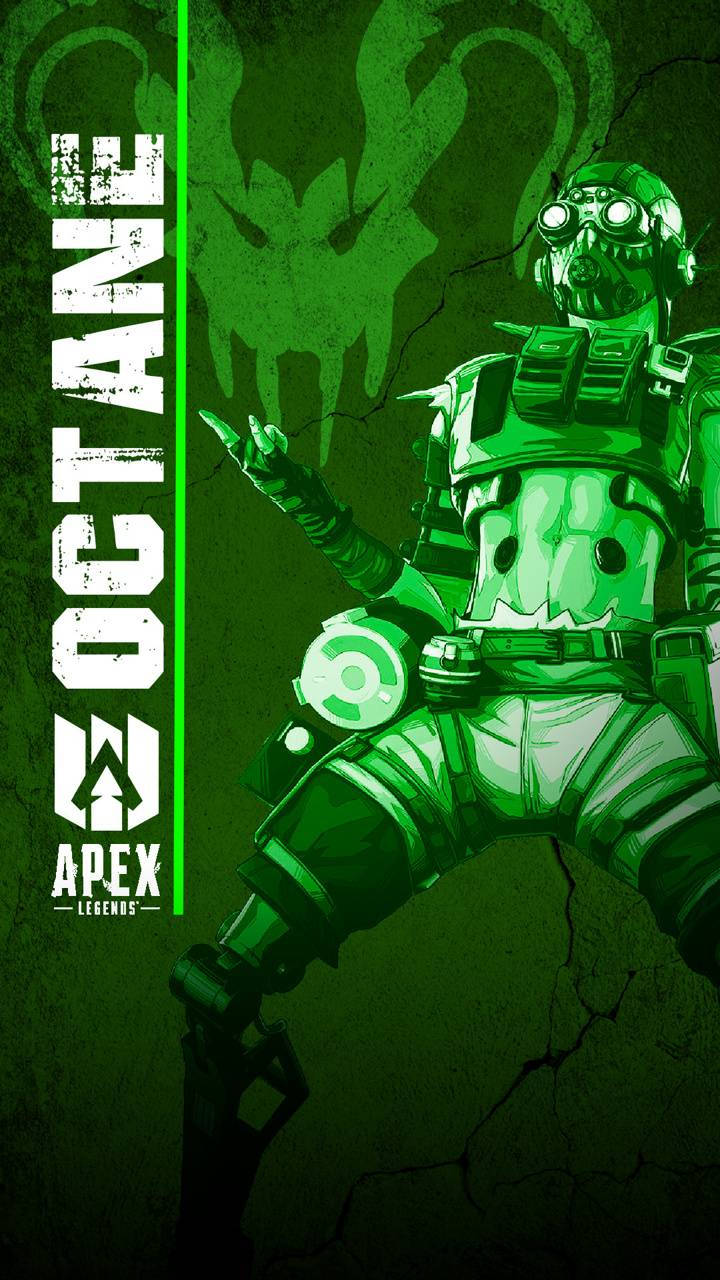 遊戲 桌布 壁紙 — 一個帶有綠色色調的Apex Legends角色Octane，以動態姿勢站在一道裂牆前，身後有一個發光的骷髏標誌。