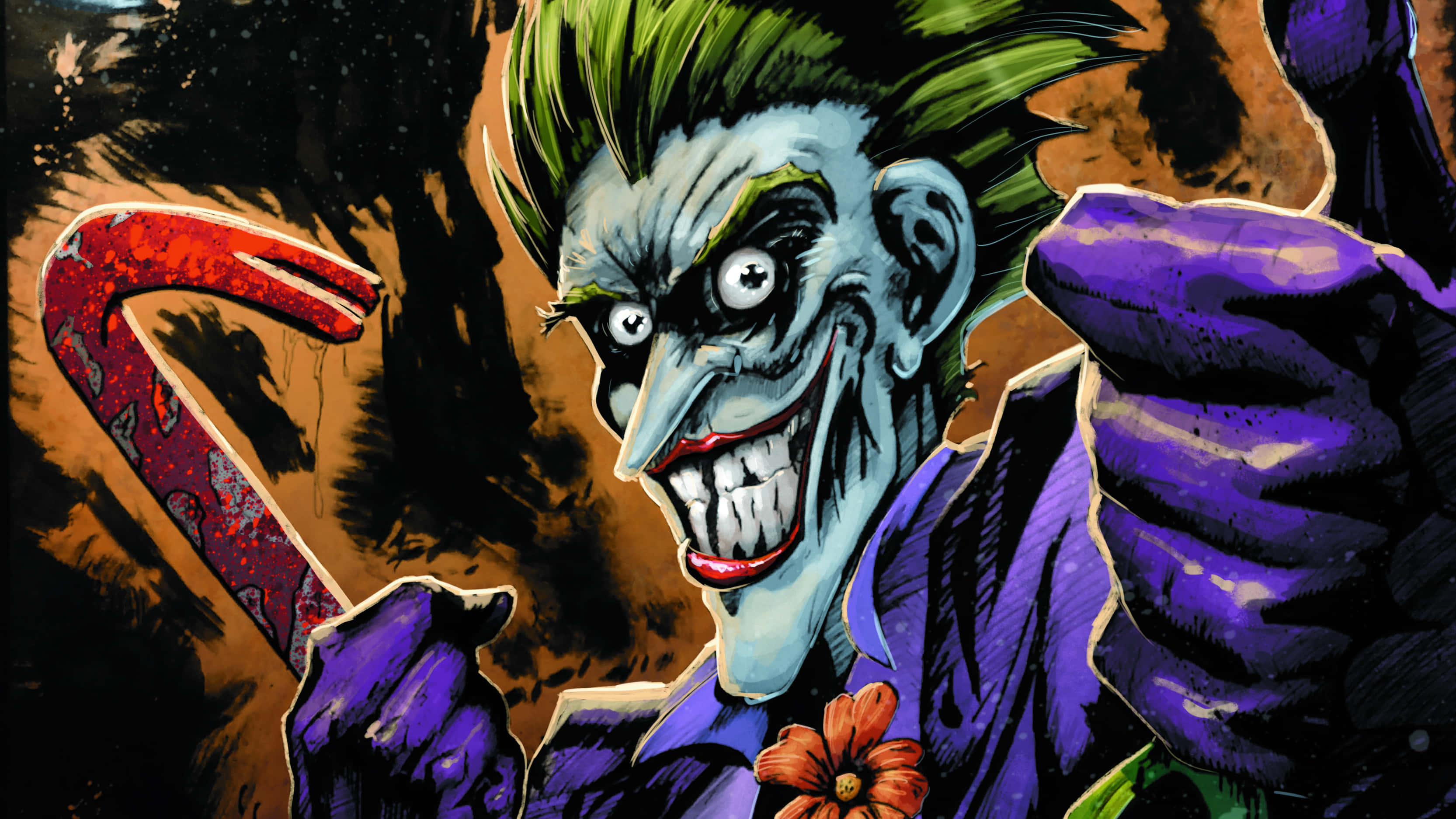Batman Comics 桌布 壁紙 — 一個帶有綠色頭髮、紫色西裝和紅色花朵的威脅性漫畫小丑，在混亂的棕色背景前瘋狂咧嘴笑著，手持沾滿血的鐵撬。