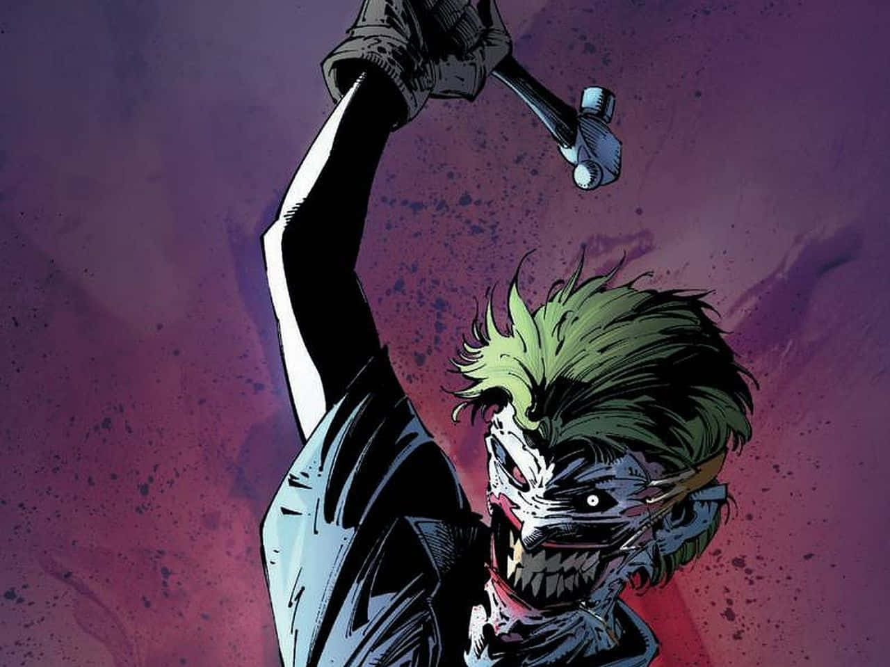 Batman Death In The Family 桌布 壁紙 — 一個帶有綠色頭髮和塗鴉笑容的威脅性漫畫反派，在紫色飛濺的背景上舉起錘子。