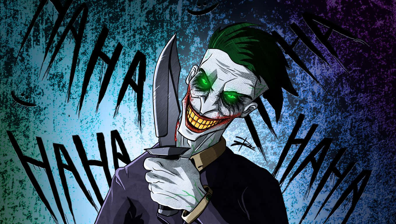 Joker Art 桌布 壁紙 — 一個帶有綠色頭髮和發光眼睛的威脅性小丑，在混亂的藍色和紫色背景前，拿著刀狂笑。