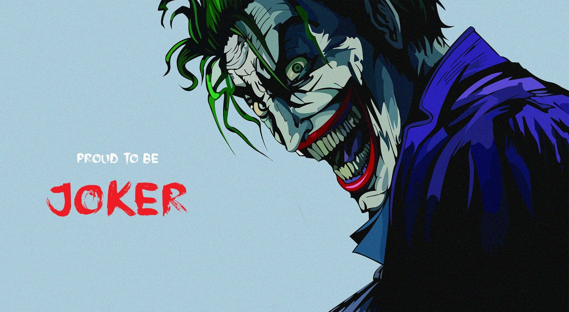 Joker Drawing 桌布 壁紙 — 一個帶有綠色頭髮和紫色外套的威脅性動畫小丑，在淡藍色背景上露出燦爛的笑容，並帶有紅色文字。