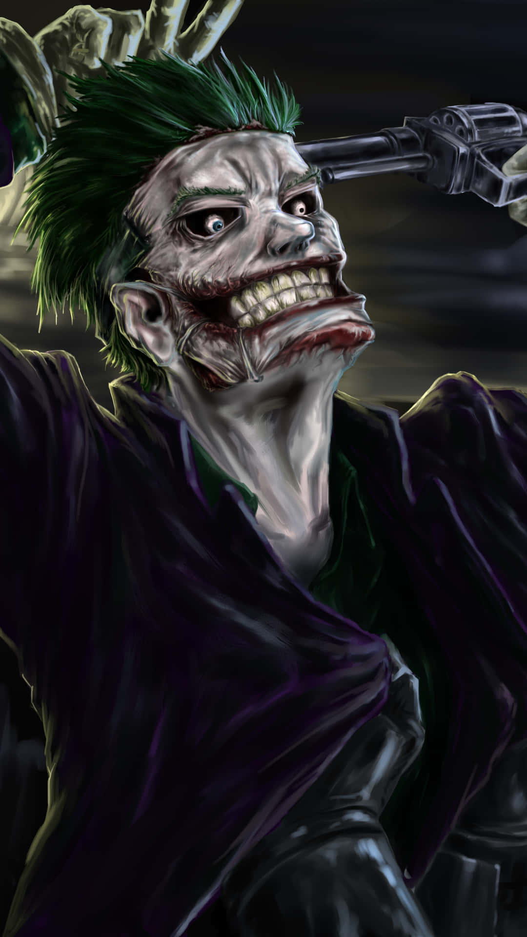 The Joker Comic 桌布 壁紙 — 一個帶有綠色頭髮和紫色外套的威脅性小丑，在黑暗而戲劇性的數位繪畫中將槍指著自己的頭。