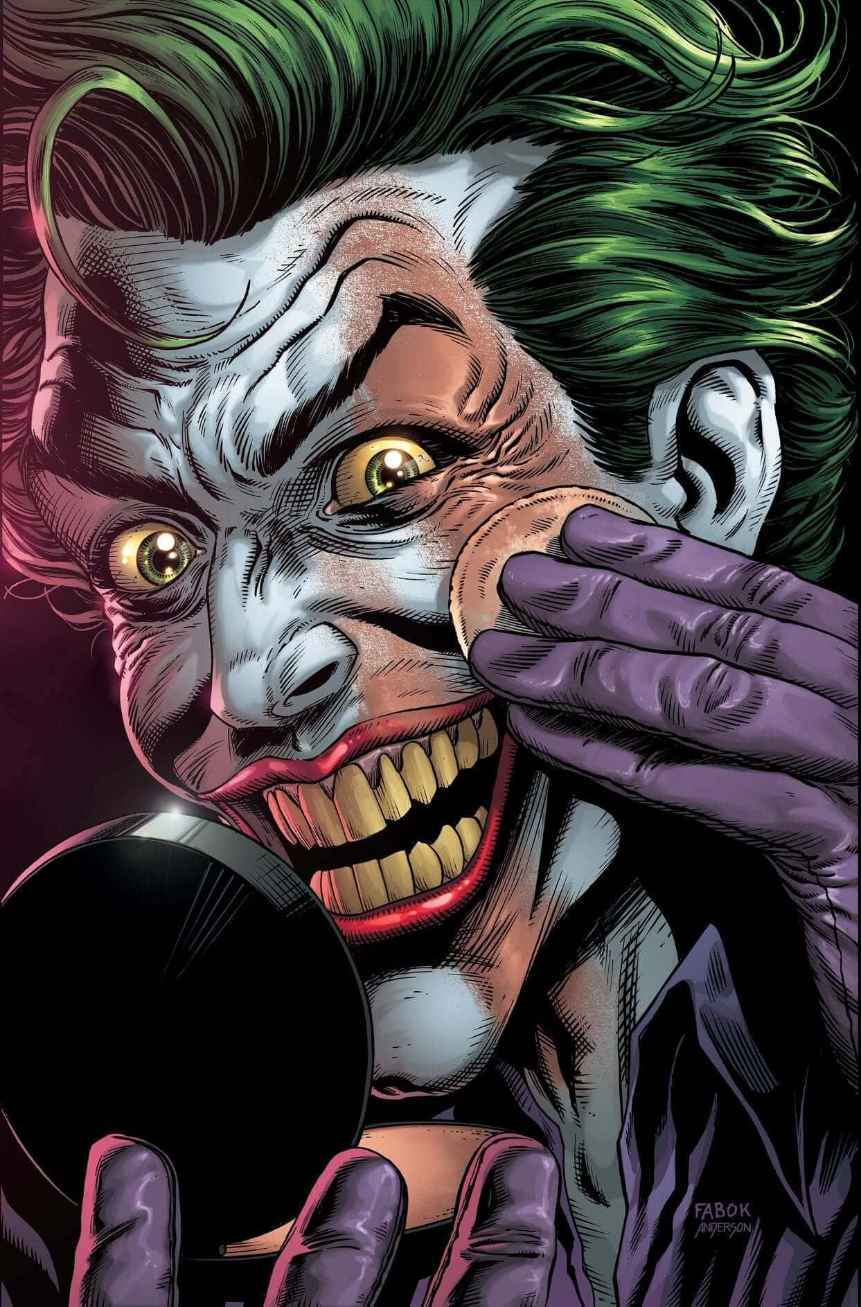 Batman Three Jokers 桌布 壁紙 — 一個帶有綠色頭髮和紫色手套的威脅性漫畫小丑，拿著鏡子狂笑。