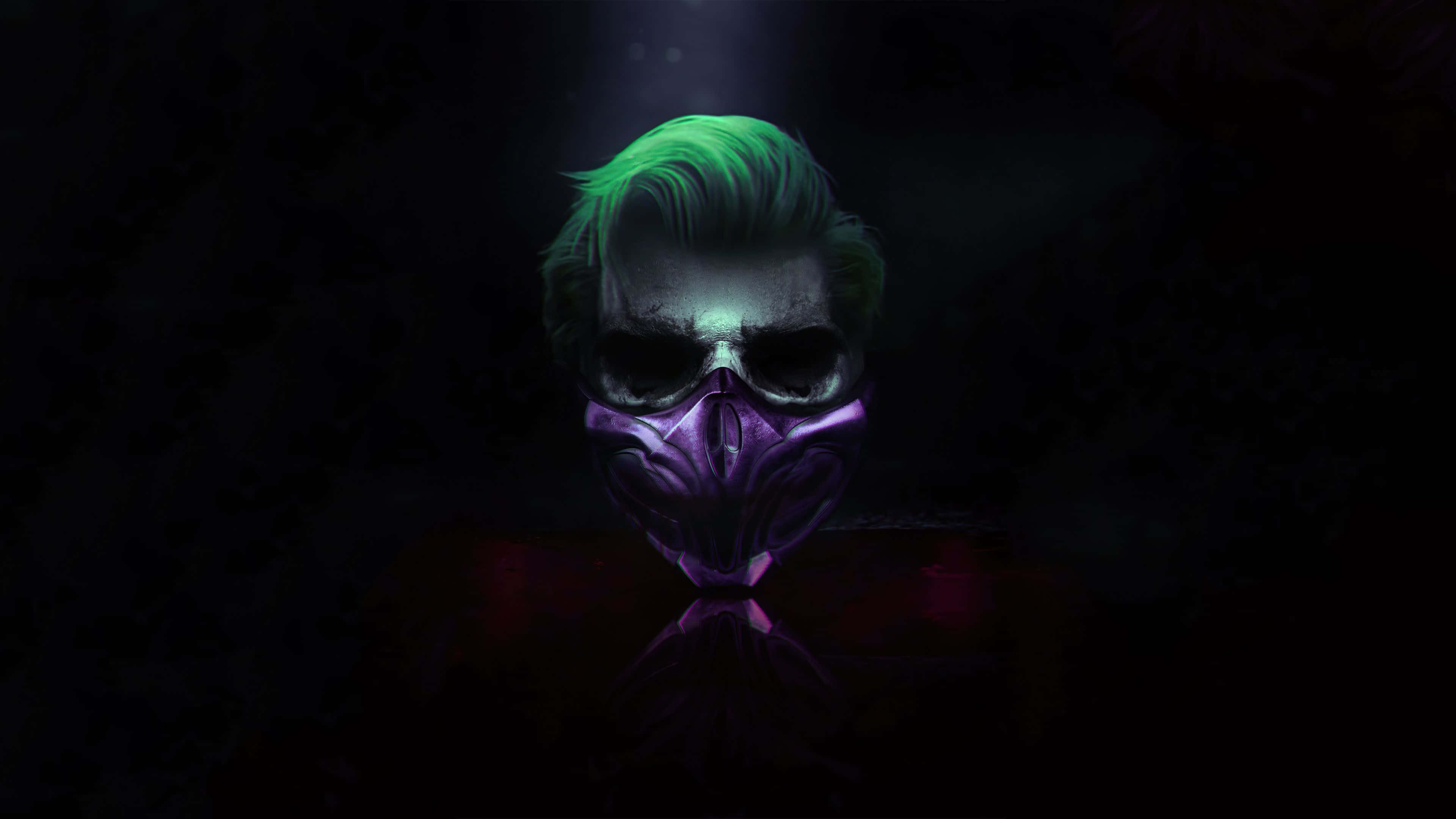 Mask 桌布 壁紙 — 一個帶有綠色頭髮和紫色面具的威脅性頭骨，在黑暗背景下的聚光燈下發光。
