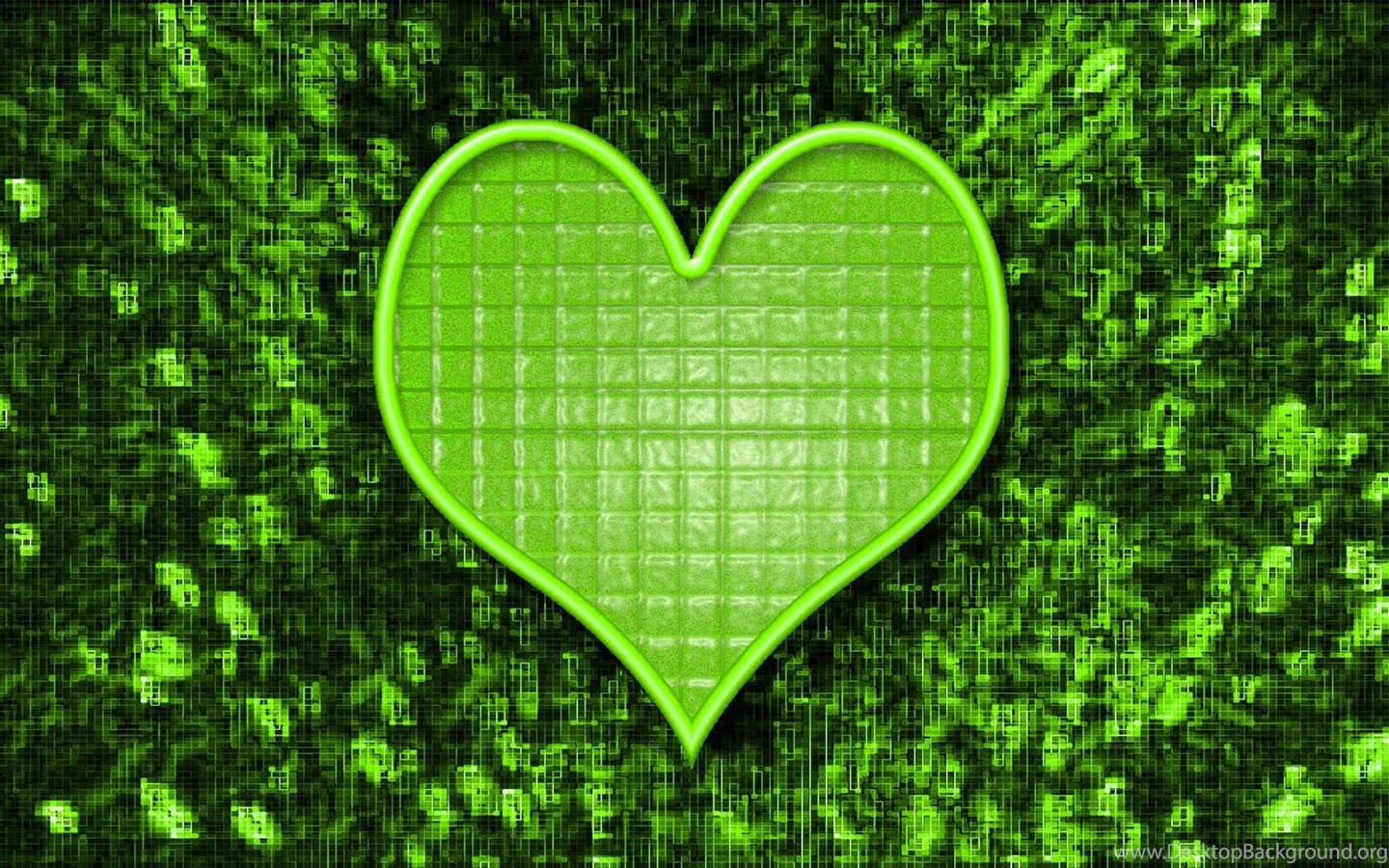Green Heart 桌布 壁紙 — 一個帶有網格紋理的發光綠色心形漂浮在數位綠色矩陣背景上。
