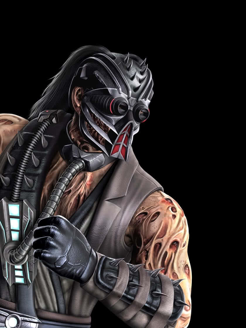 Mortal Kombat Kabal 桌布 壁紙 — 一個帶有網路強化裝置和發光藍色點綴的威脅性面具戰士站在黑色背景前。