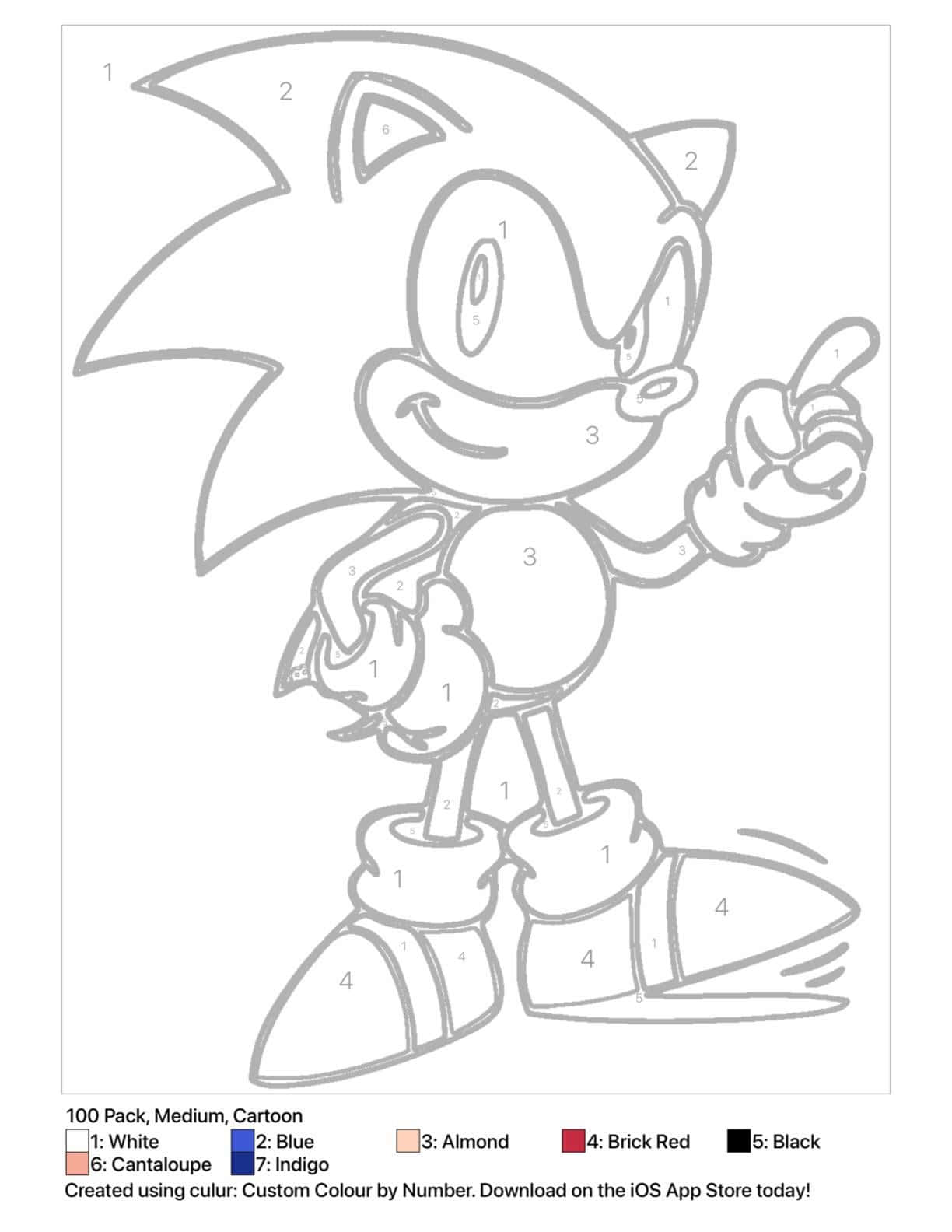 Sonic The Hedgehog 桌布 壁紙 — 一個帶有編號的填色頁，描繪了索尼克向前指著，表情愉快。