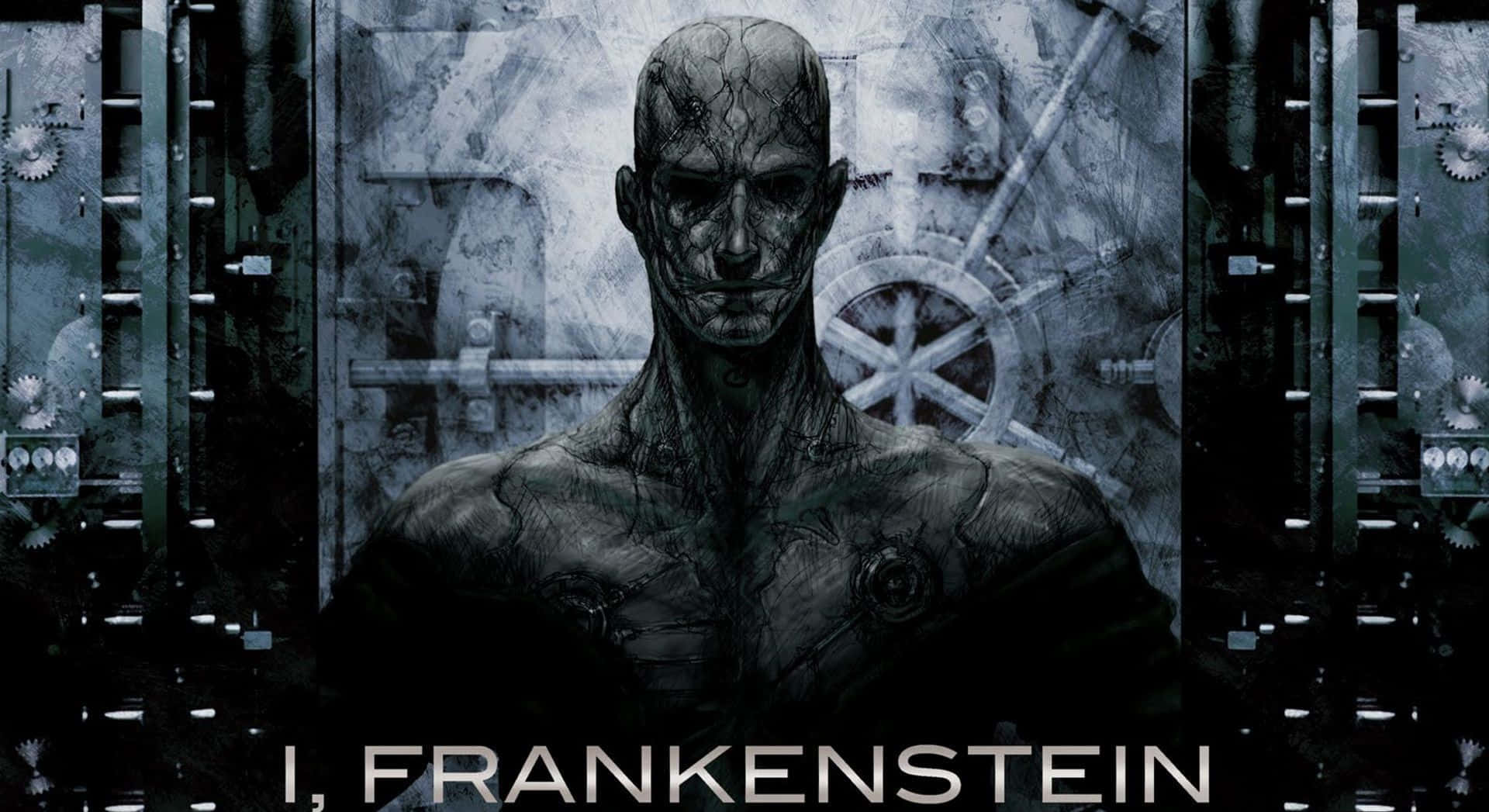 Monster Movies 桌布 壁紙 — 一個帶有縫合疤痕的死神般身影，站在黑暗機械環境中生鏽的工業門前。