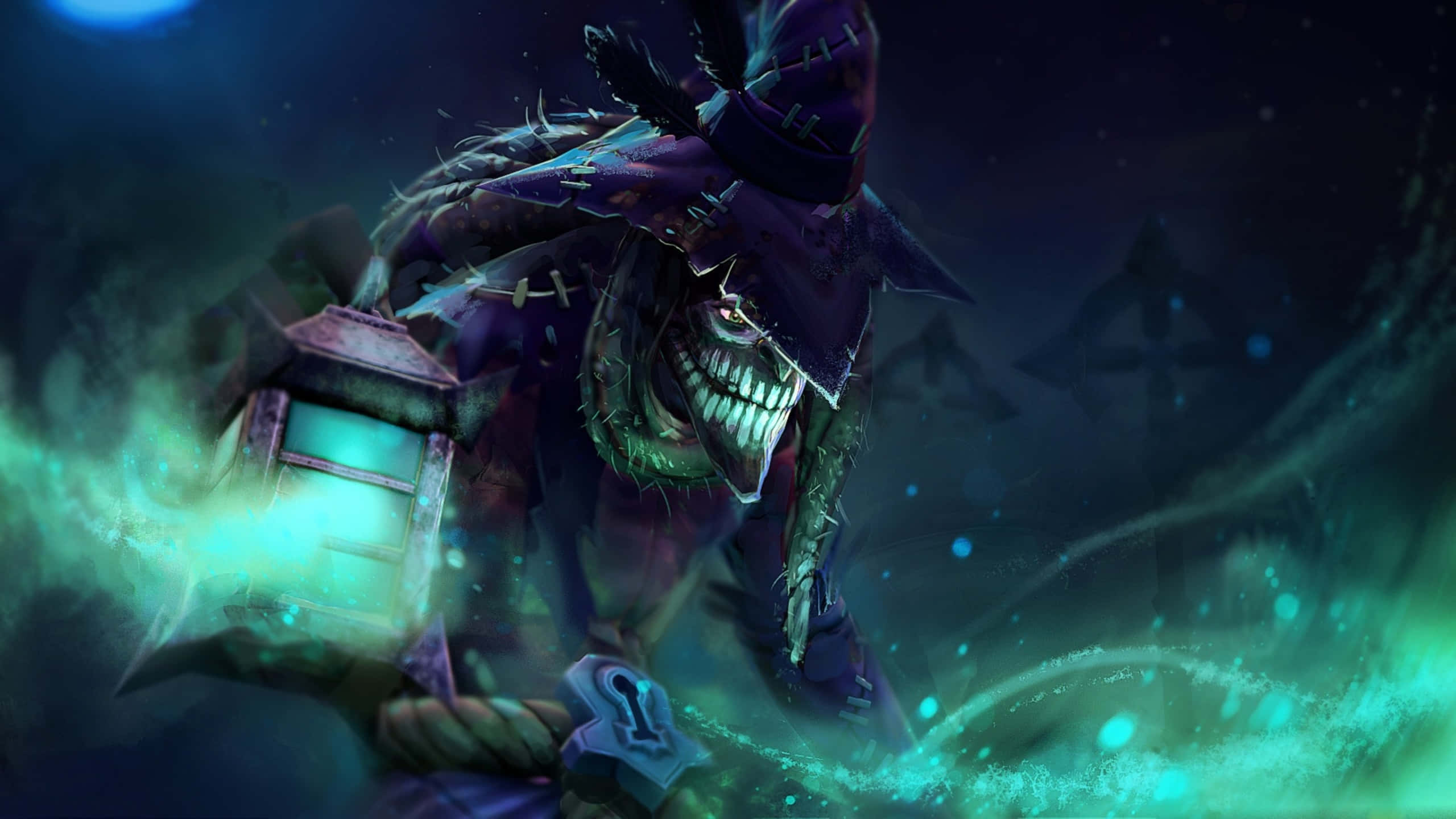 dota 2 4K 桌布 壁紙 — 一個帶有縫合笑容和發光綠色燈籠的威脅性女巫，在黑暗神秘森林中施展詭異魔法。