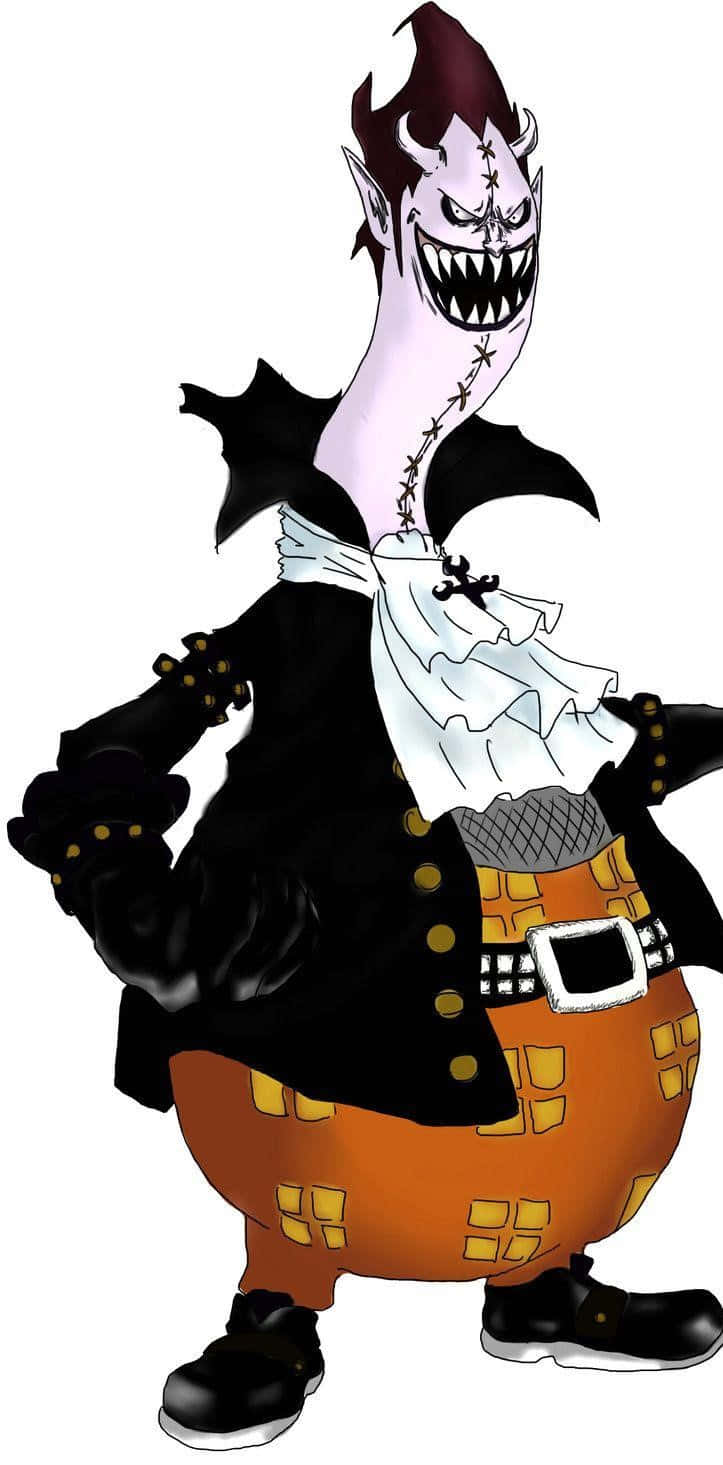 gecko moria 桌布 壁紙 — 一個帶有縫合面孔和蝙蝠翅膀的威脅性動漫海盜，以大膽姿勢站立。