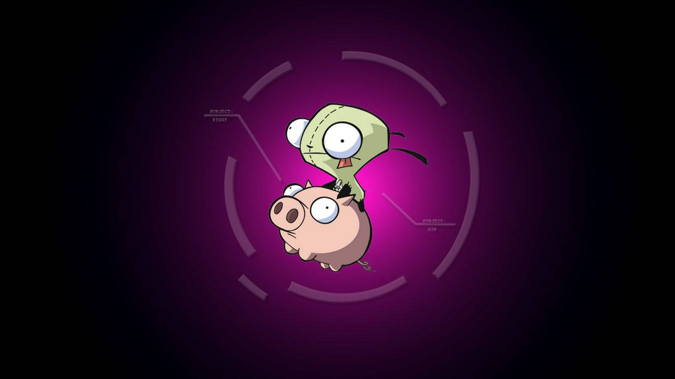 Invader Zim 桌布 壁紙 — 一個帶有縫線的綠色殭屍角色棲息在一隻粉紅色的豬上，兩者都漂浮在發光的紫色瞄準十字線內。