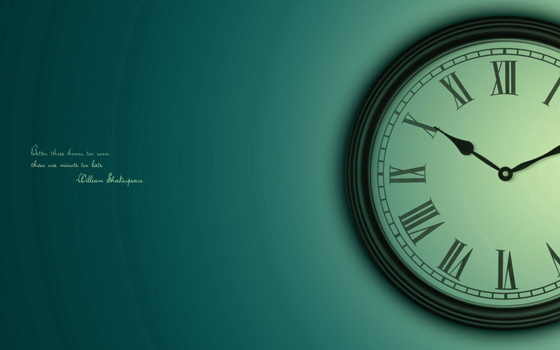 timer 桌布 壁紙 — 一個帶有羅馬數字的復古掛鐘掛在青綠色漸變牆上，旁邊是莎士比亞語錄。