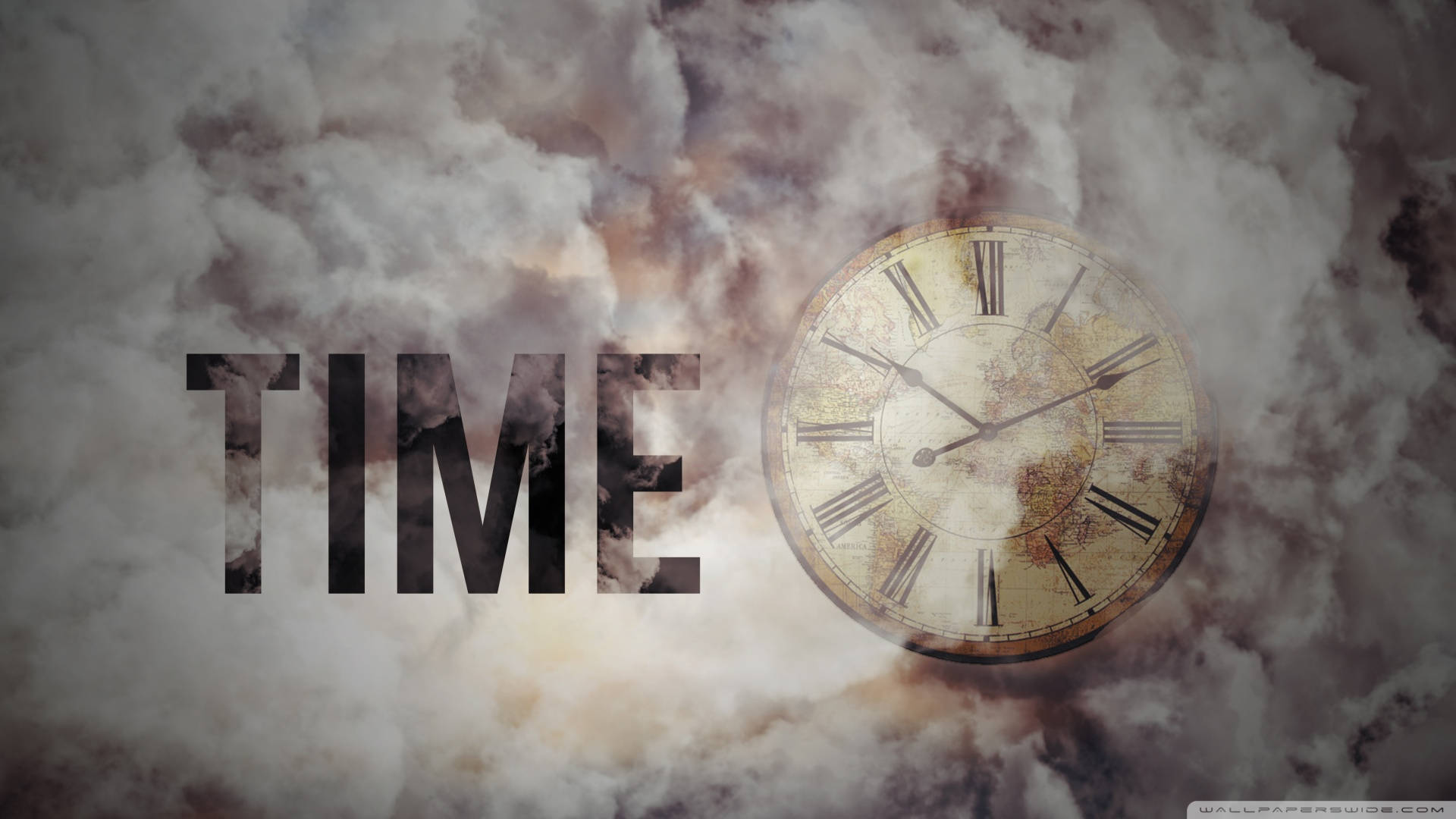Time 桌布 壁紙 — 一個帶有羅馬數字的復古時鐘在旋轉的雲層中漂浮，並醒目地顯示著「時間」一詞。