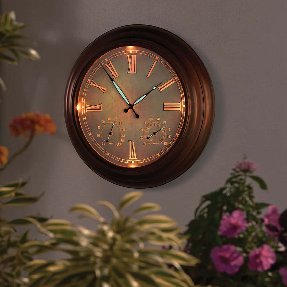 Wall Clock 桌布 壁紙 — 一個帶有羅馬數字的復古木製掛鐘，在柔和的牆壁上溫暖地發光，周圍環繞著柔焦的綠色植物和色彩繽紛的花朵。