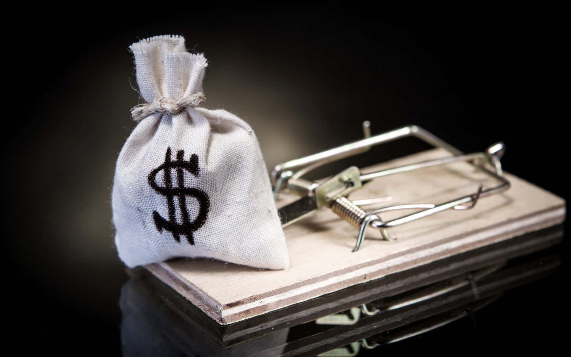 dollar 桌布 壁紙 — 一個帶有美元符號的白色袋子危險地靠近一個金屬捕鼠器，放在反射表面上，背景為深色。