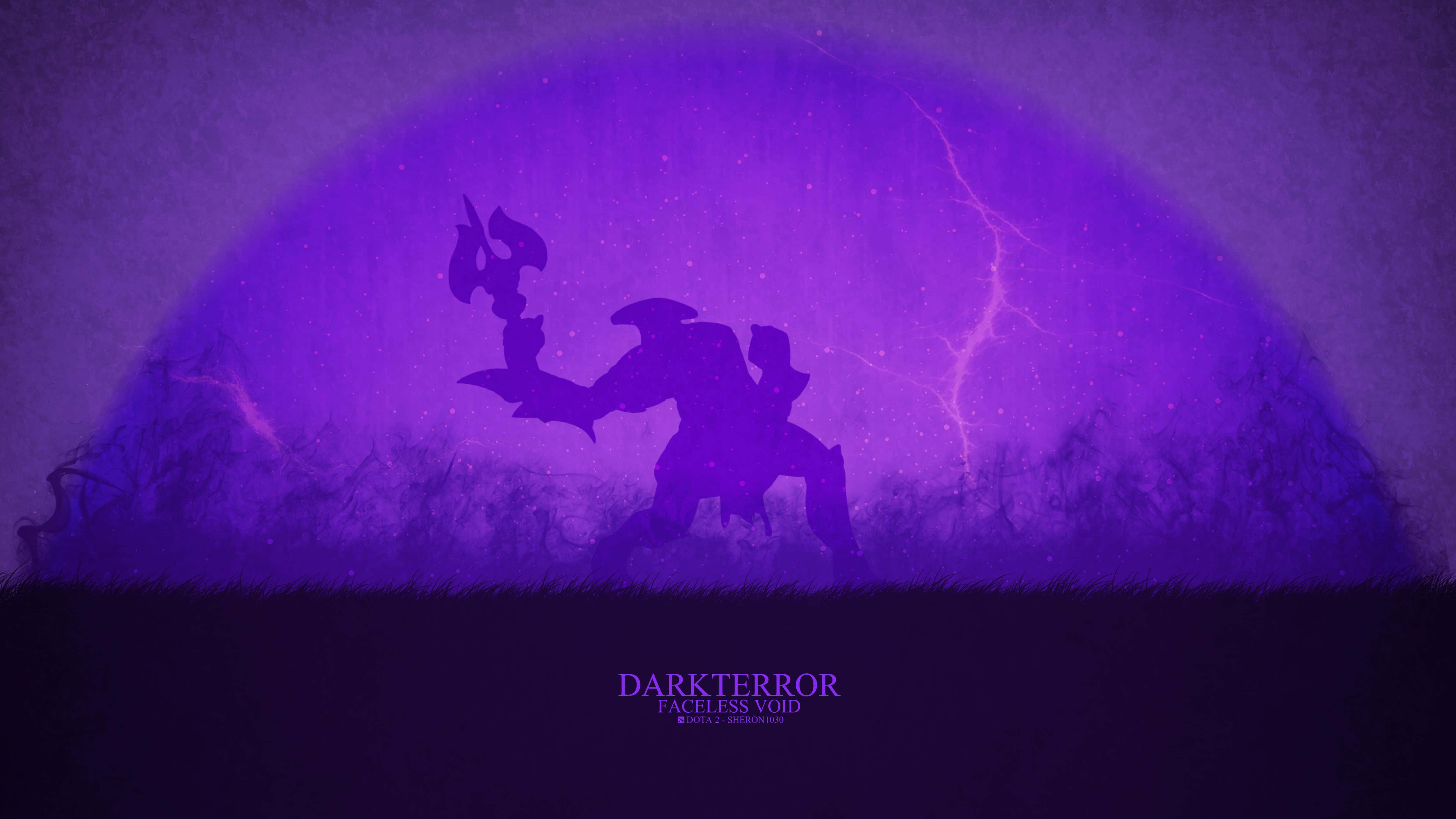 Faceless Void 桌布 壁紙 — 一個帶有翅膀和爪子的威脅性人物的深紫色剪影，站在一個帶有閃電的發光宇宙虛空前。
