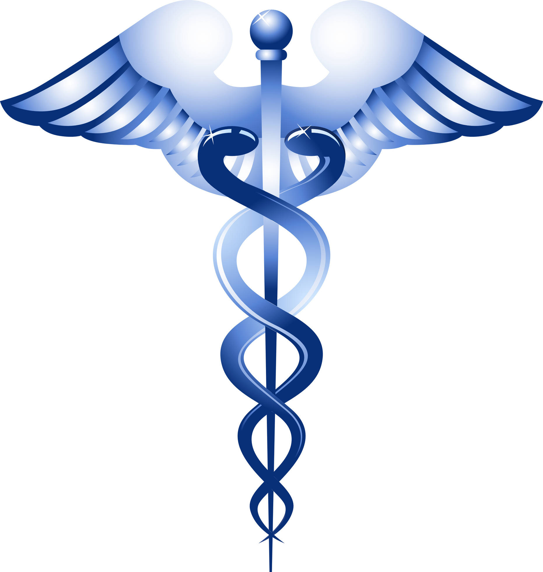 medical motivation 桌布 壁紙 — 一個帶有翅膀和纏繞蛇的亮藍色醫療杖符號，背景為白色。