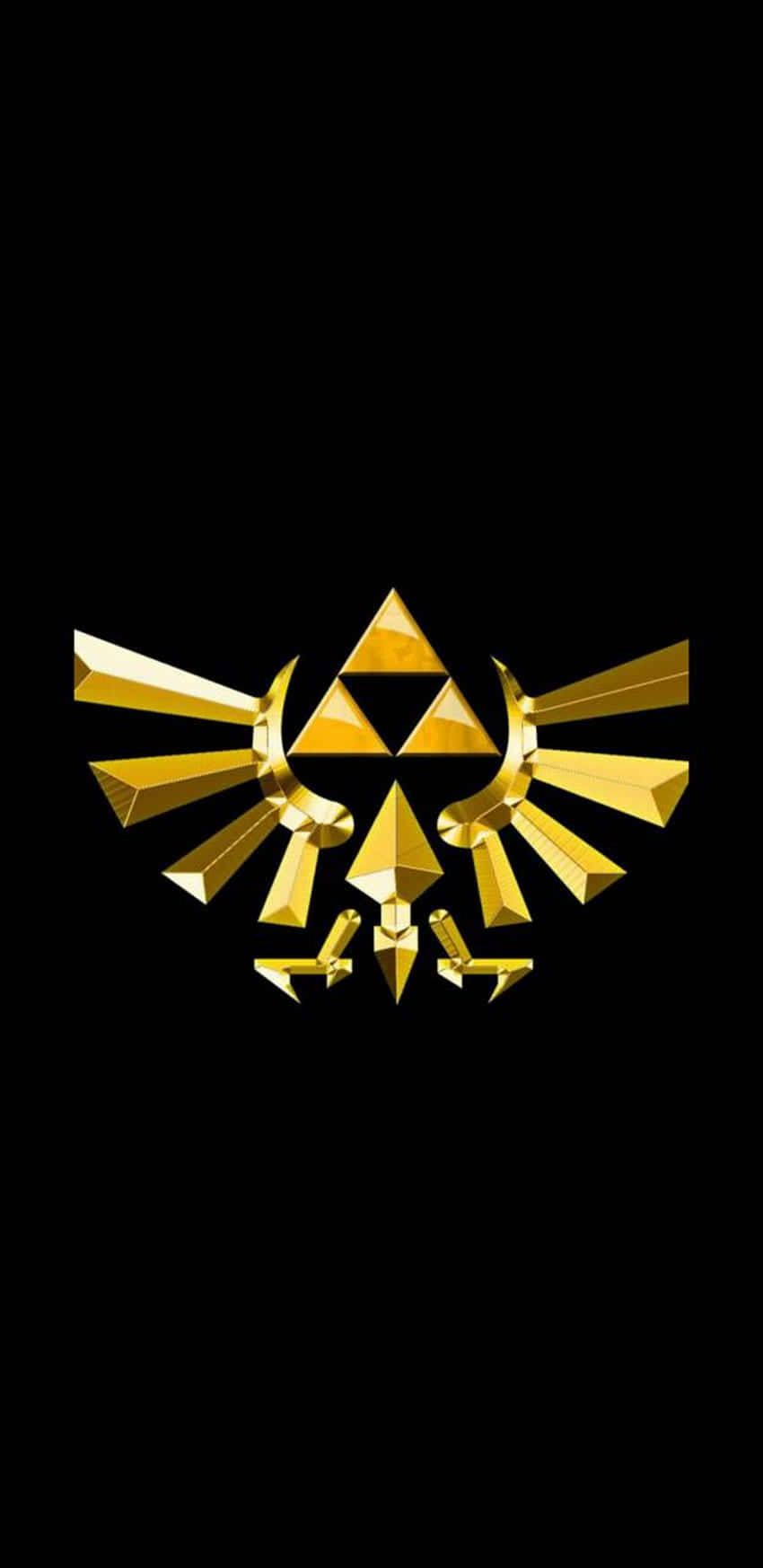 triforce 桌布 壁紙 — 一個帶有翼狀光線的閃耀金色三角力量標誌，在純黑背景上發光。