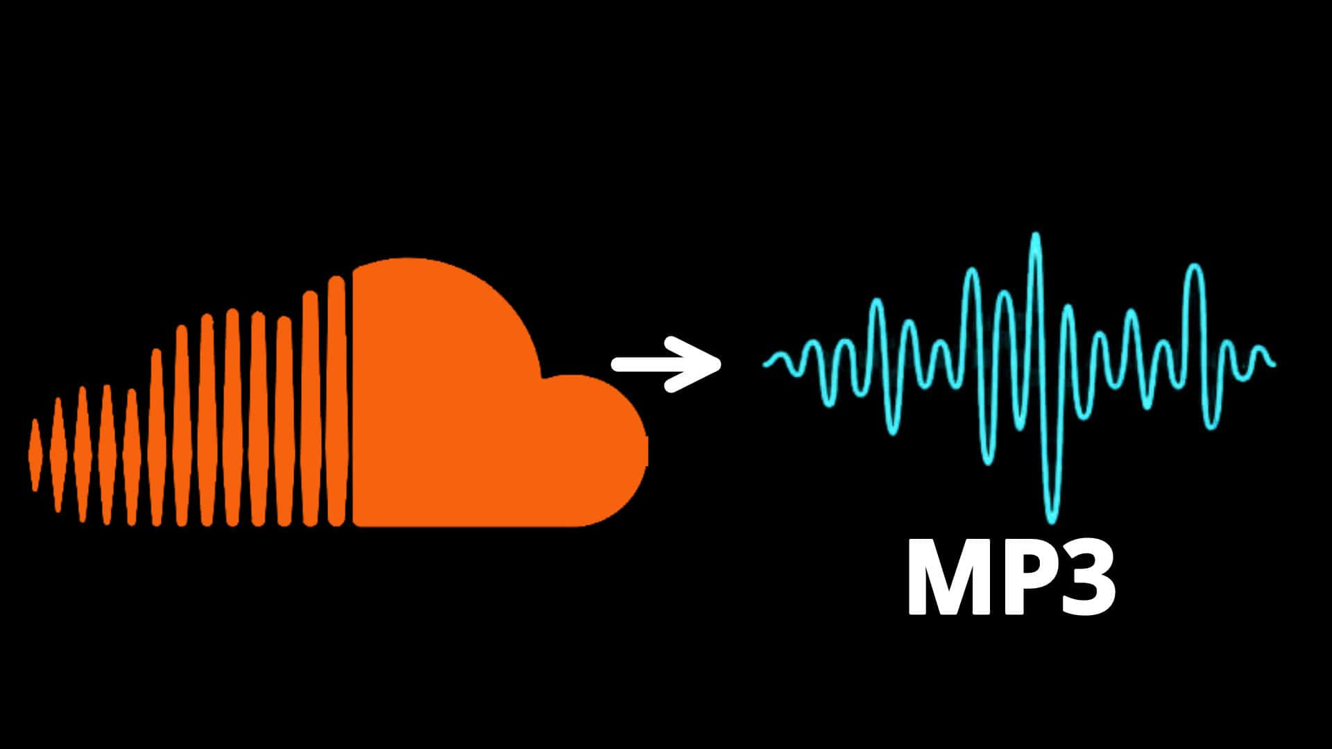 Soundcloud 桌布 壁紙 — 一個帶有聲波的橙色雲圖示在黑色背景上轉變為標有MP3的藍色音頻波形。
