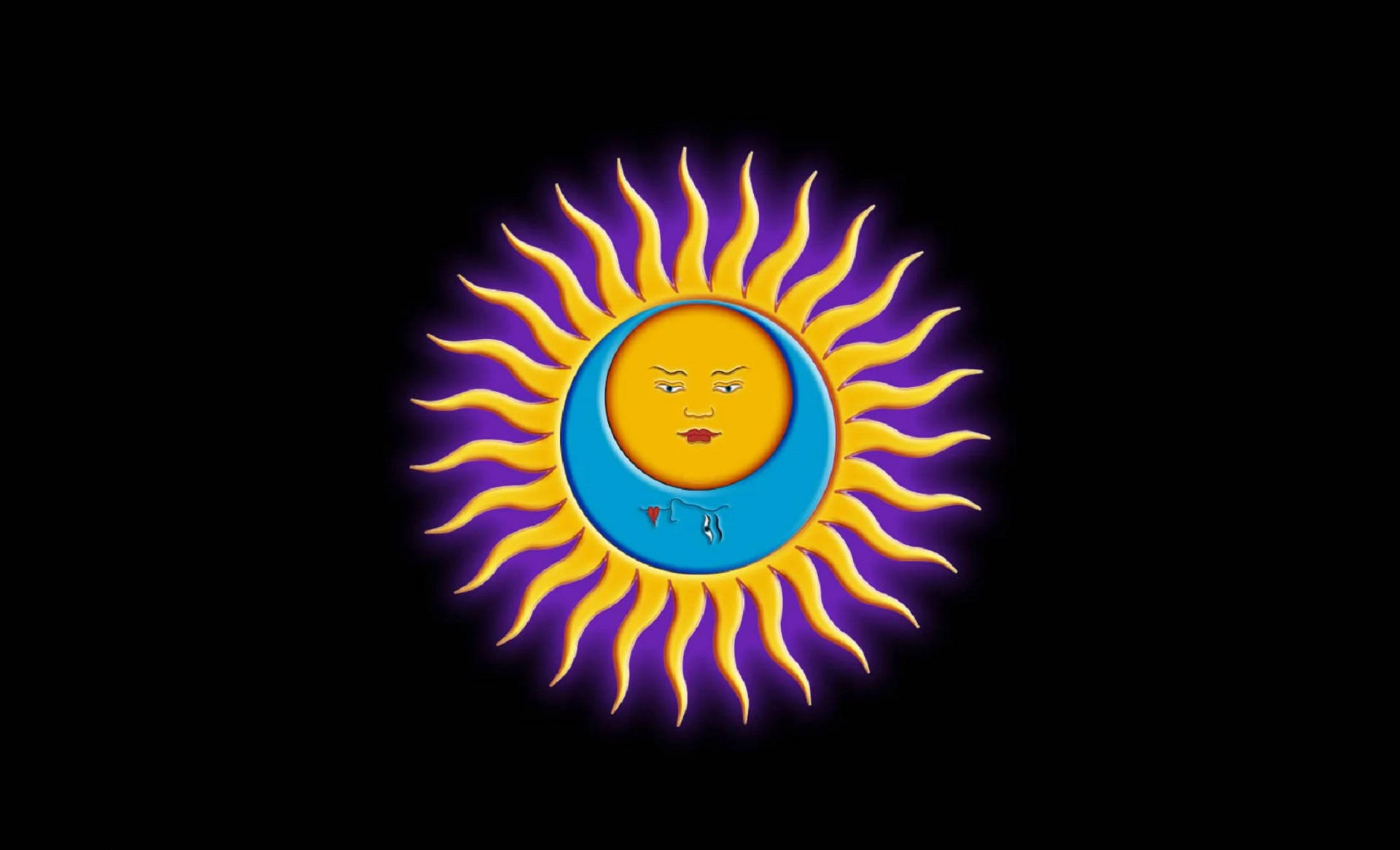 深紅之王 桌布 壁紙 — 一個帶有臉孔和火焰般光線的風格化太陽，在黑色背景上擁抱一個帶有臉孔的藍色新月。