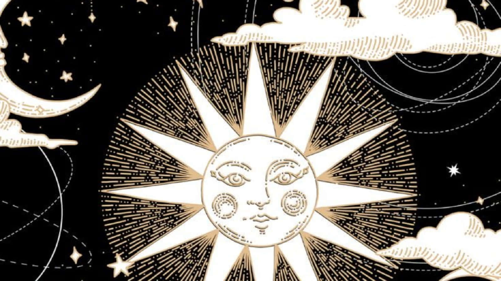Witchy 桌布 壁紙 — 一個帶有臉孔的風格化太陽，在點綴著星星和彎月的黑色天空中散發出金色光芒。