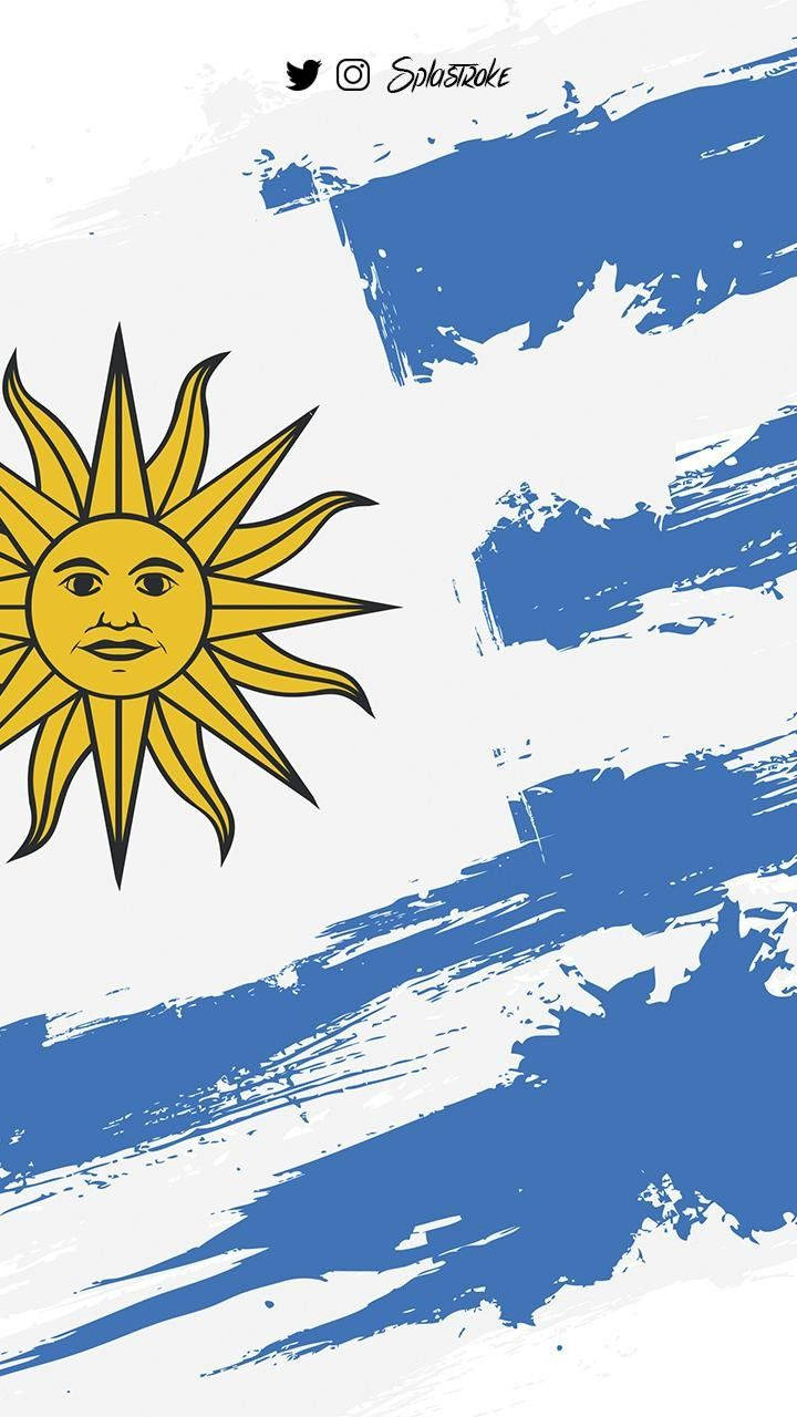 Uruguay 桌布 壁紙 — 一個帶有臉孔的風格化黃色太陽，在鮮明的藍白筆觸條紋背景前散發光芒。