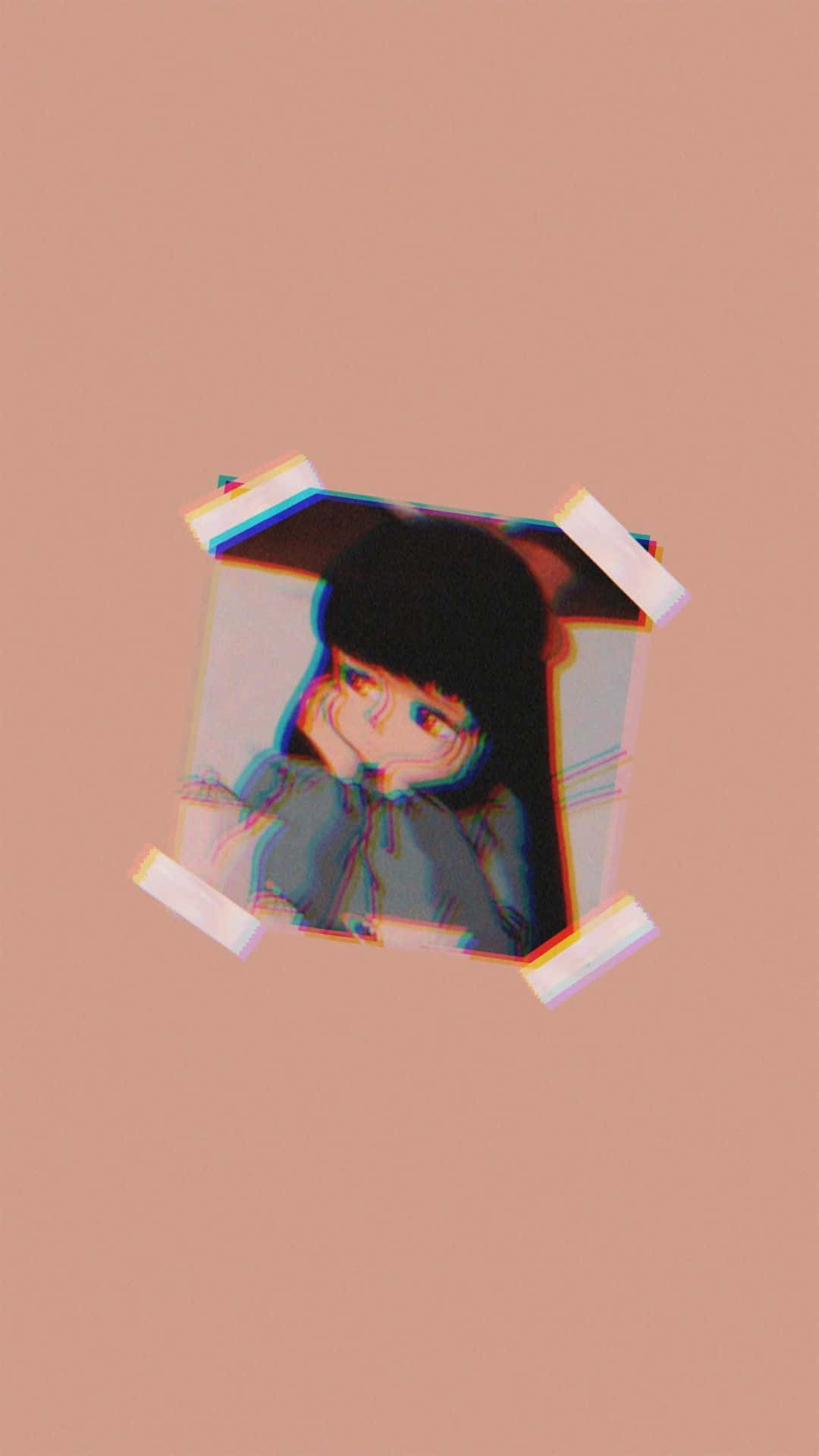 sadness 桌布 壁紙 — 一個帶有色差效果的故障動漫女孩肖像，貼在純桃色背景上。