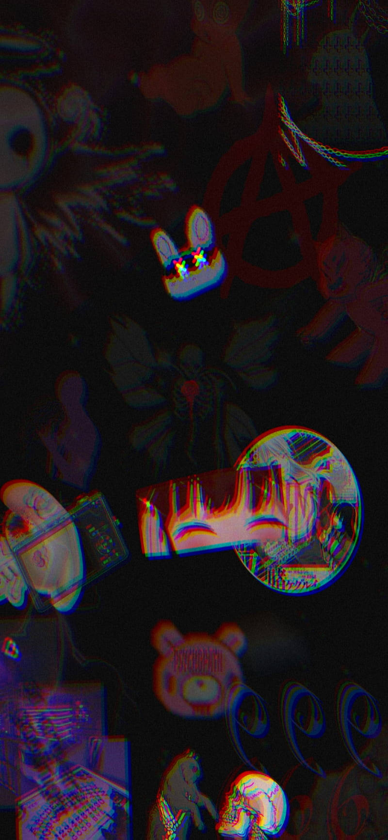 動漫女孩 桌布 壁紙 — 一個帶有色彩像差效果的數位故障拼貼，在深色背景上呈現扭曲的卡通角色和符號。