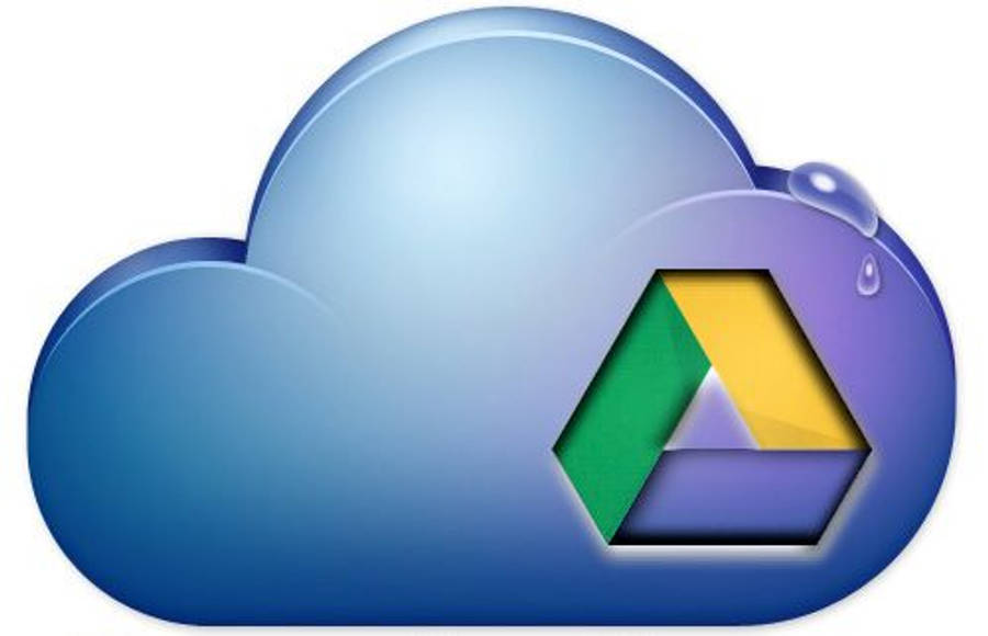 Google Drive 桌布 壁紙 — 一個帶有色彩繽紛的Google Drive標誌和邊緣水滴的光澤藍色雲端圖示。