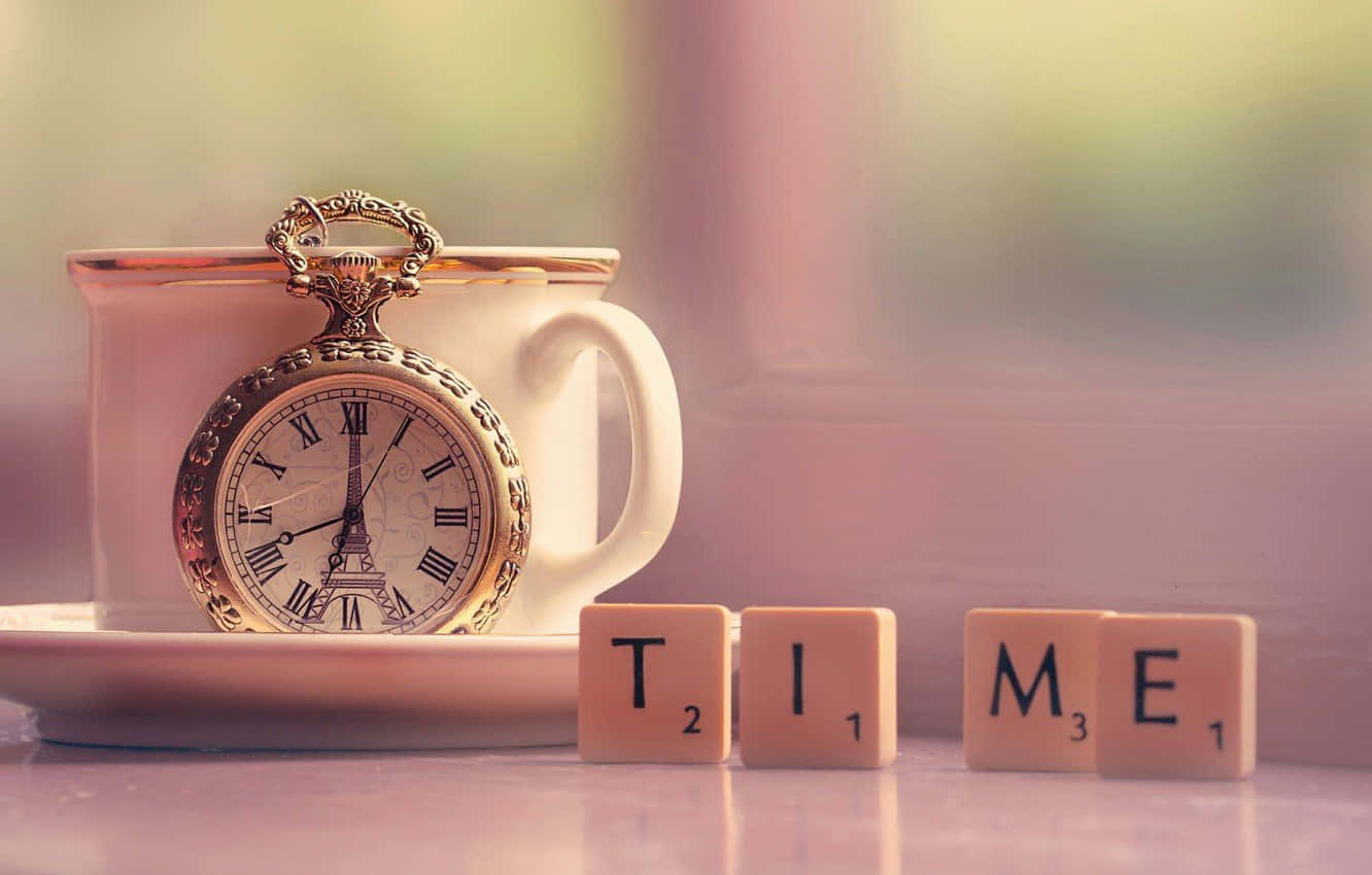 Time 桌布 壁紙 — 一個帶有艾菲爾鐵塔設計的華麗懷錶放在白色茶杯中，旁邊是拼出「time」的Scrabble字母牌，置於柔軟的粉紅色表面上。