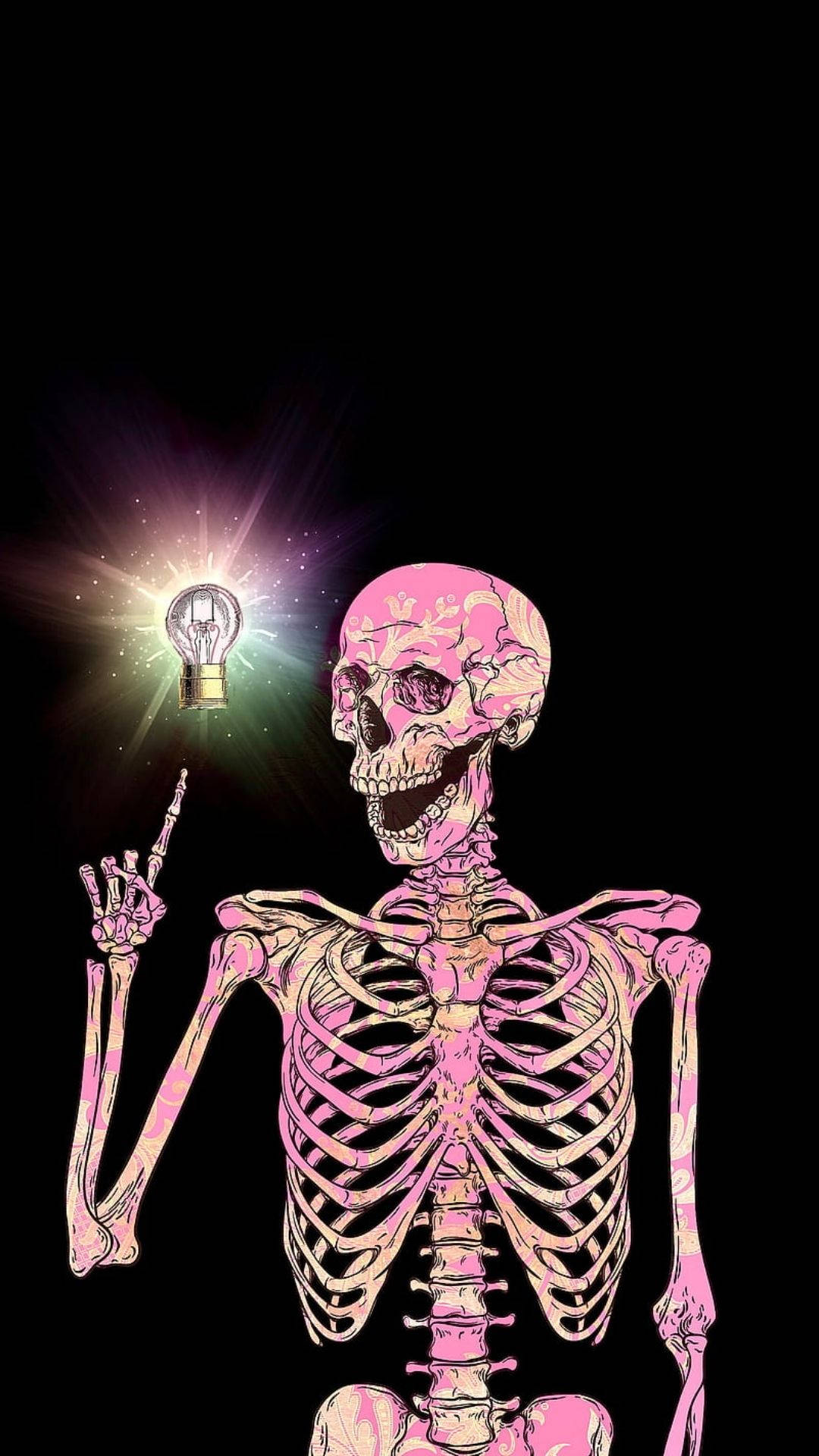Skeleton Meme 桌布 壁紙 — 一個帶有花卉圖案的粉紅色骷髏，在黑色背景上愉快地拿著一個發光的燈泡。