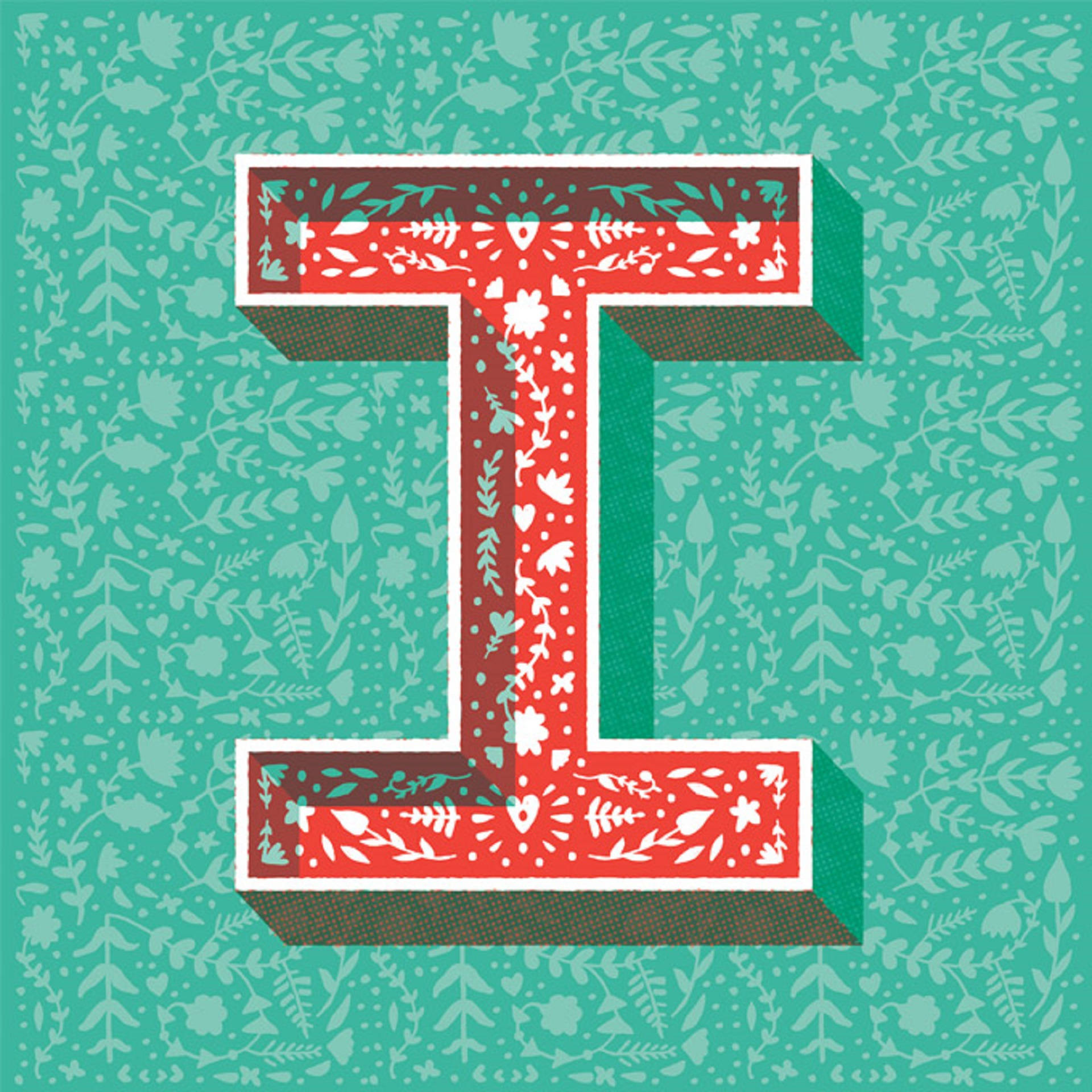 Letter I 桌布 壁紙 — 一個帶有花卉圖案的粗體紅色字母 I，在帶有微妙葉片圖案的青綠色背景上脫穎而出。