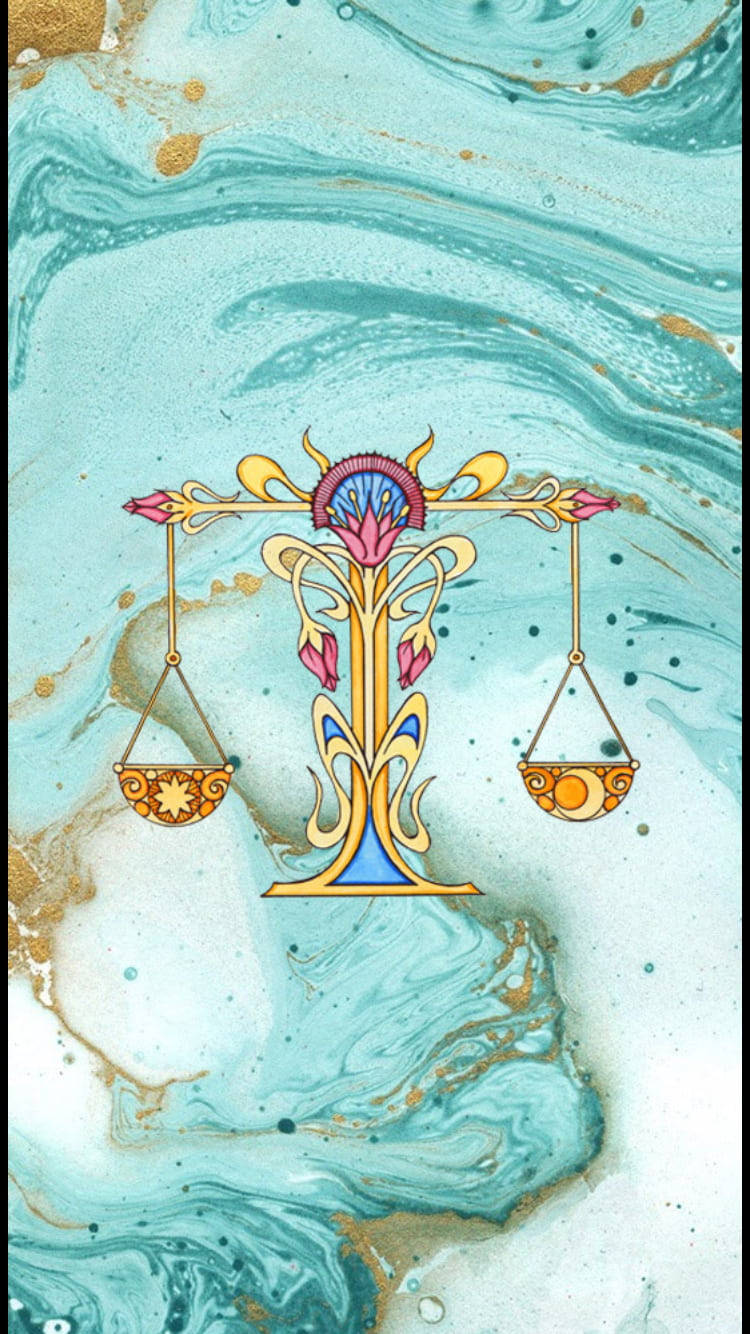 zodiac 桌布 壁紙 — 一個帶有花卉圖案的風格化金色天秤漂浮在漩渦狀的藍綠色和金色大理石背景上。