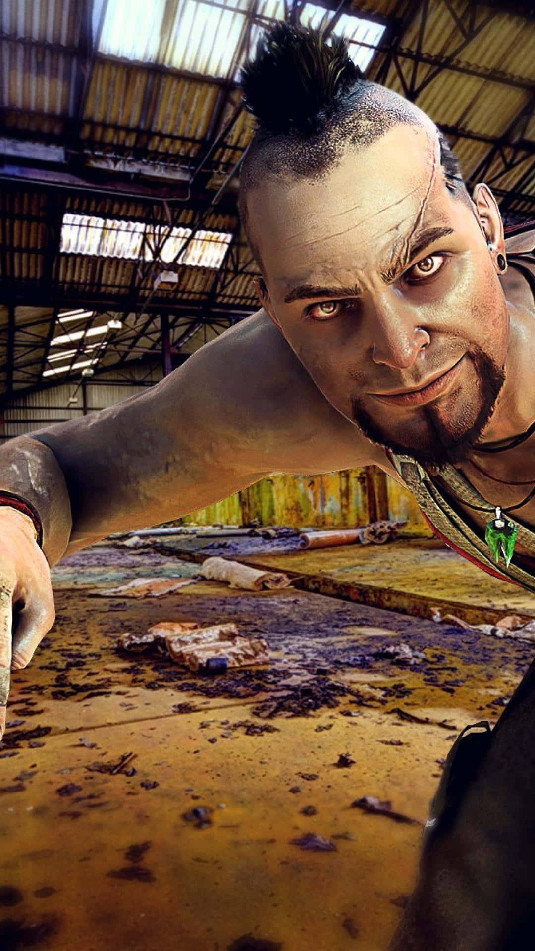 Far Cry 5 桌布 壁紙 — 一個帶有莫西干頭的威脅男子在一個佈滿鏽蝕金屬和破碎瓦礫的骯髒廢棄倉庫中向前傾身。