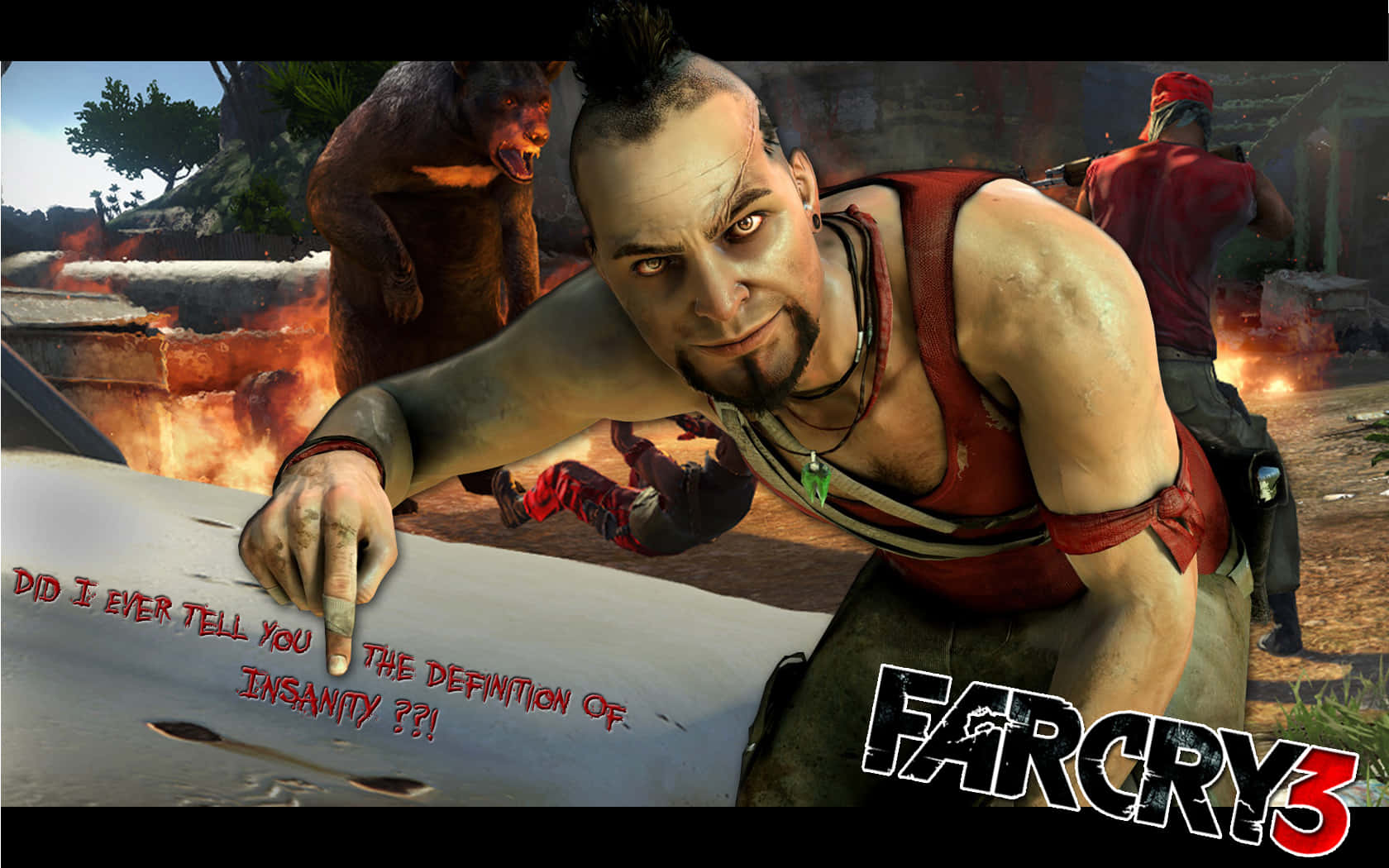 Far Cry 3 桌布 壁紙 — 一個帶有莫西干頭的男人在 Far Cry 3 的火熱叢林中指著地圖，背景有一隻咆哮的熊和武裝人物。